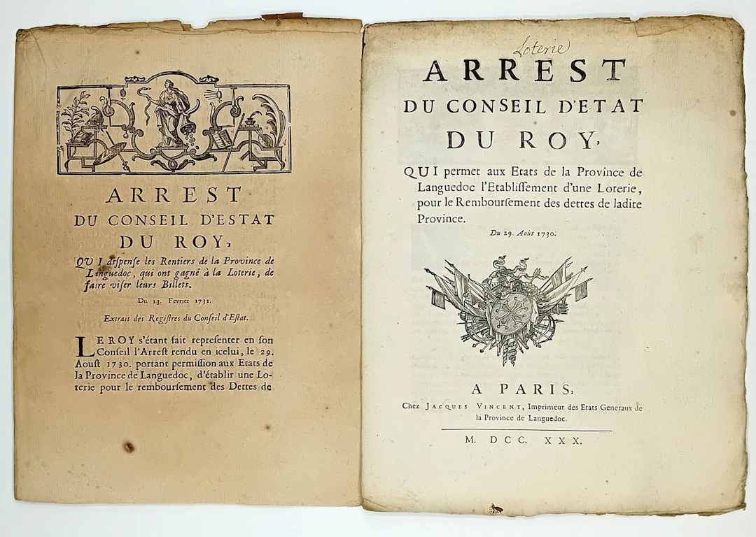 LOTERIE DU LANGUEDOC. Set of 2 rulings by the King's Council - Lot 59