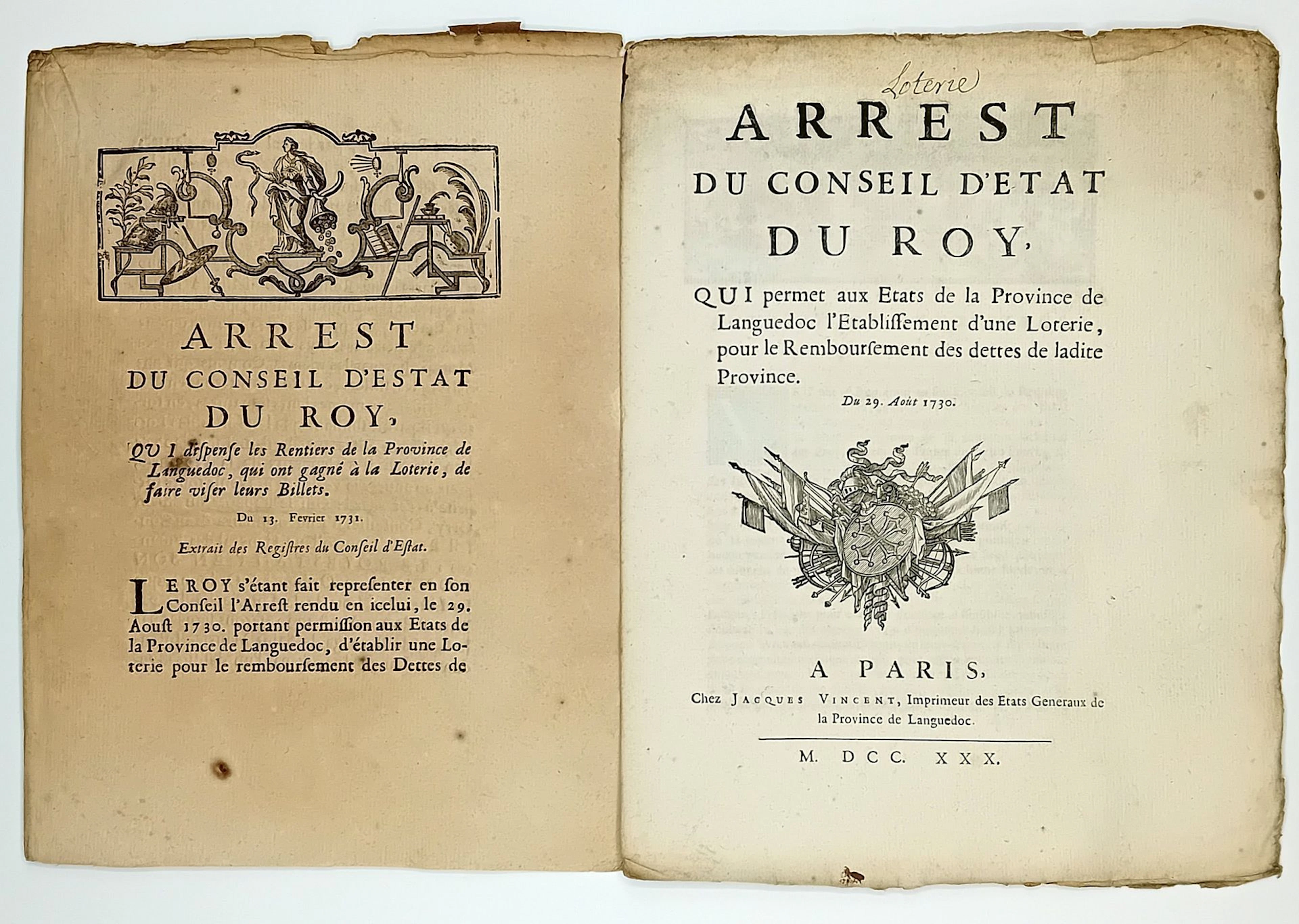 LOTERIE DU LANGUEDOC. Set of 2 rulings by the King's Council - Lot 59