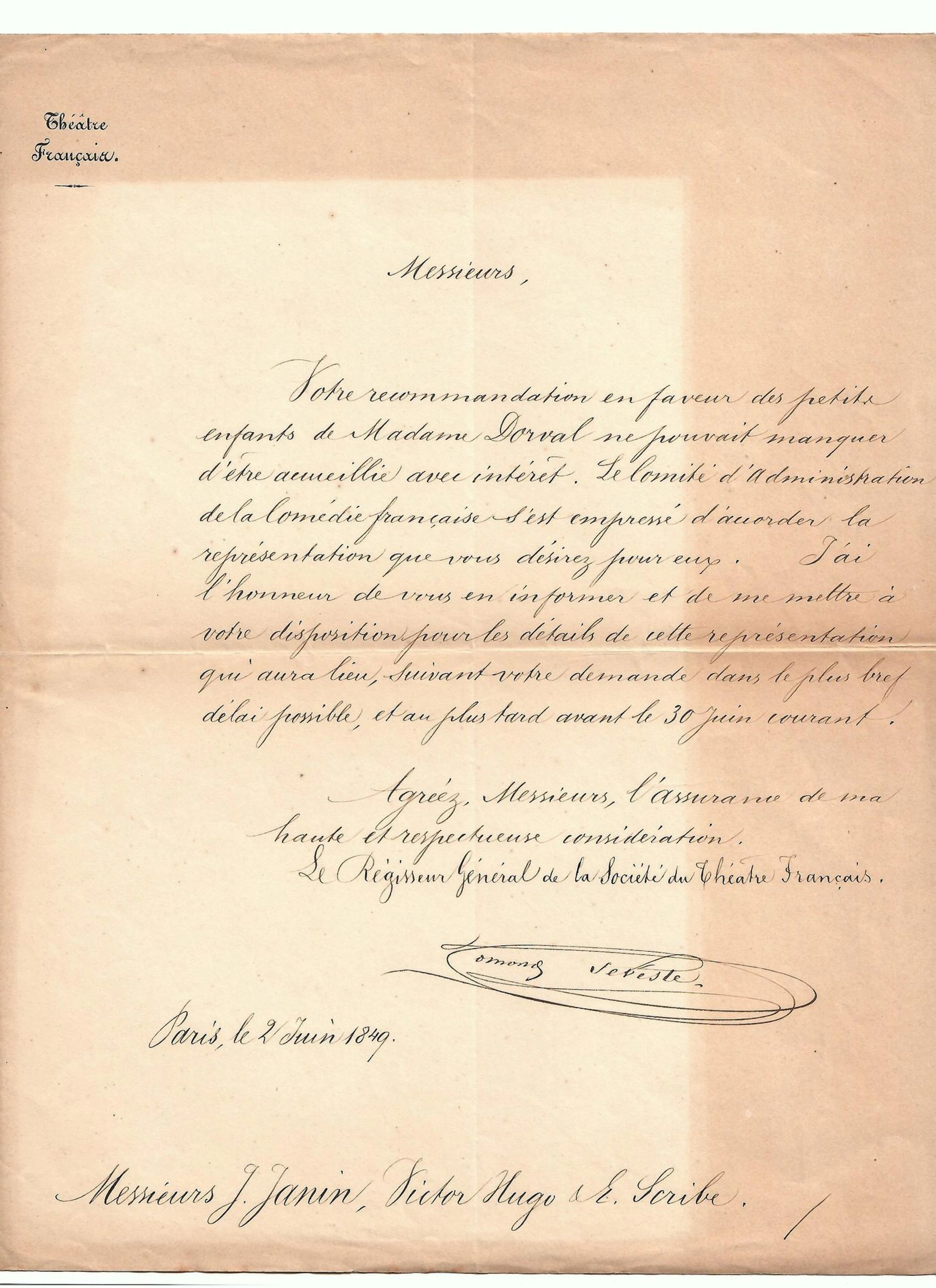 Marie DORVAL. “THÉÂTRE FRANÇAIS” Letter signed by Edmond SEV - Lot 545