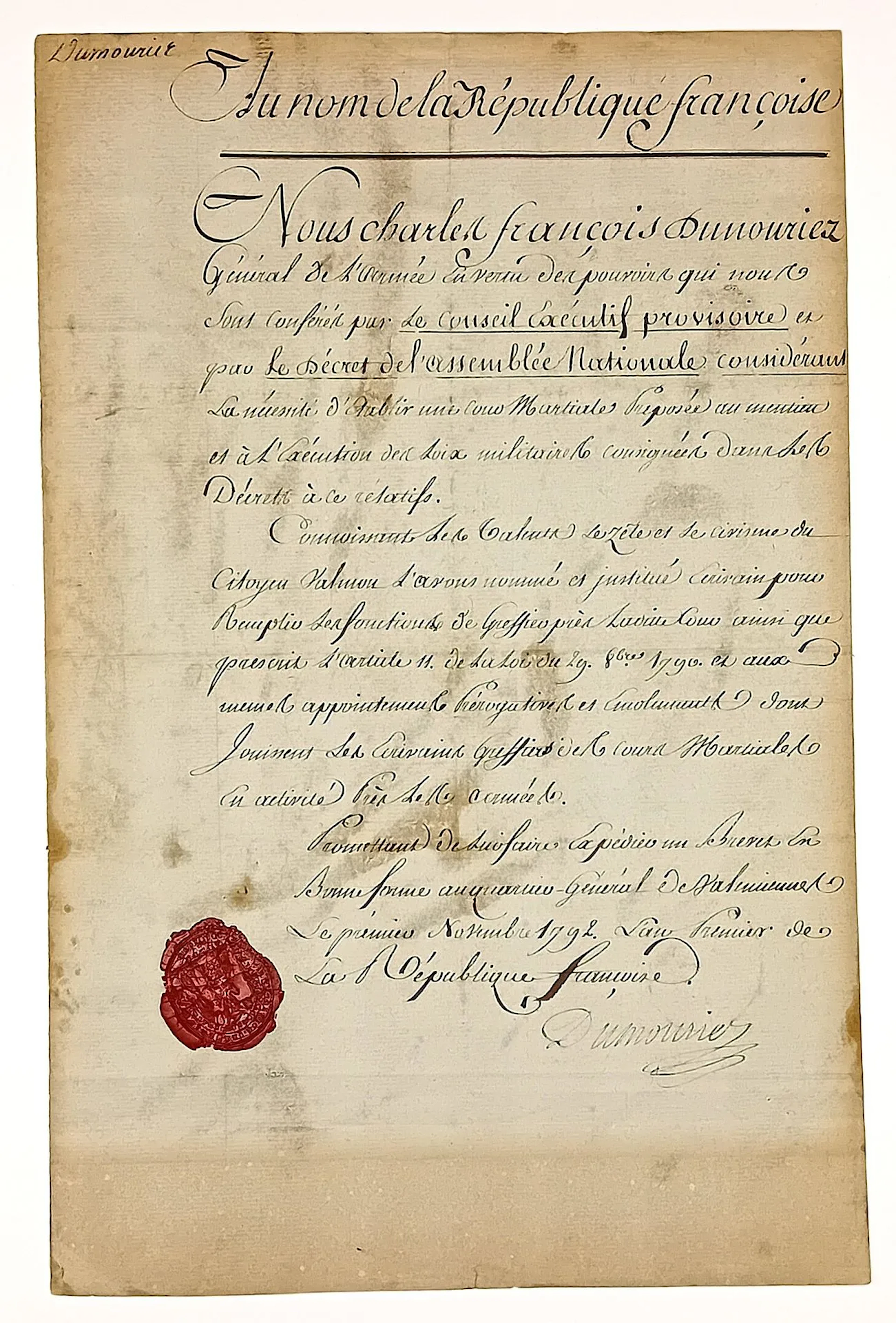 GENERAL DUMOURIEZ. 1792. Charles François du PERRIER, known - Lot 212