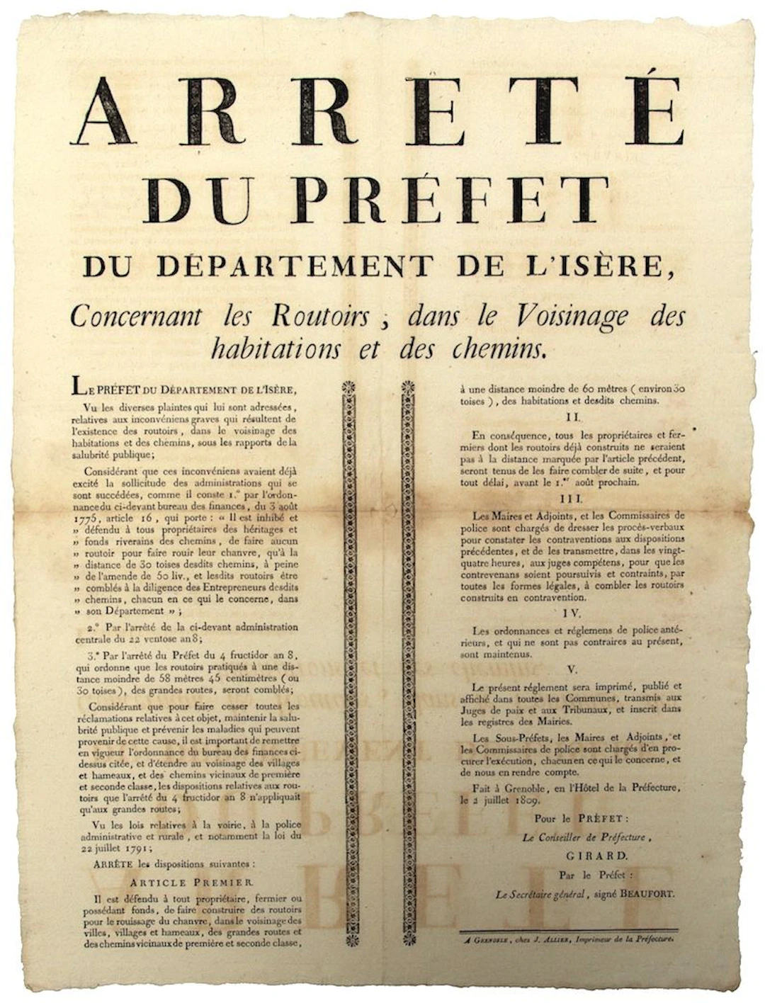 ISÈRE. ROUISSAGE du CHANVRE. Arrêté du Préfet de l'Isère, co - Lot 373