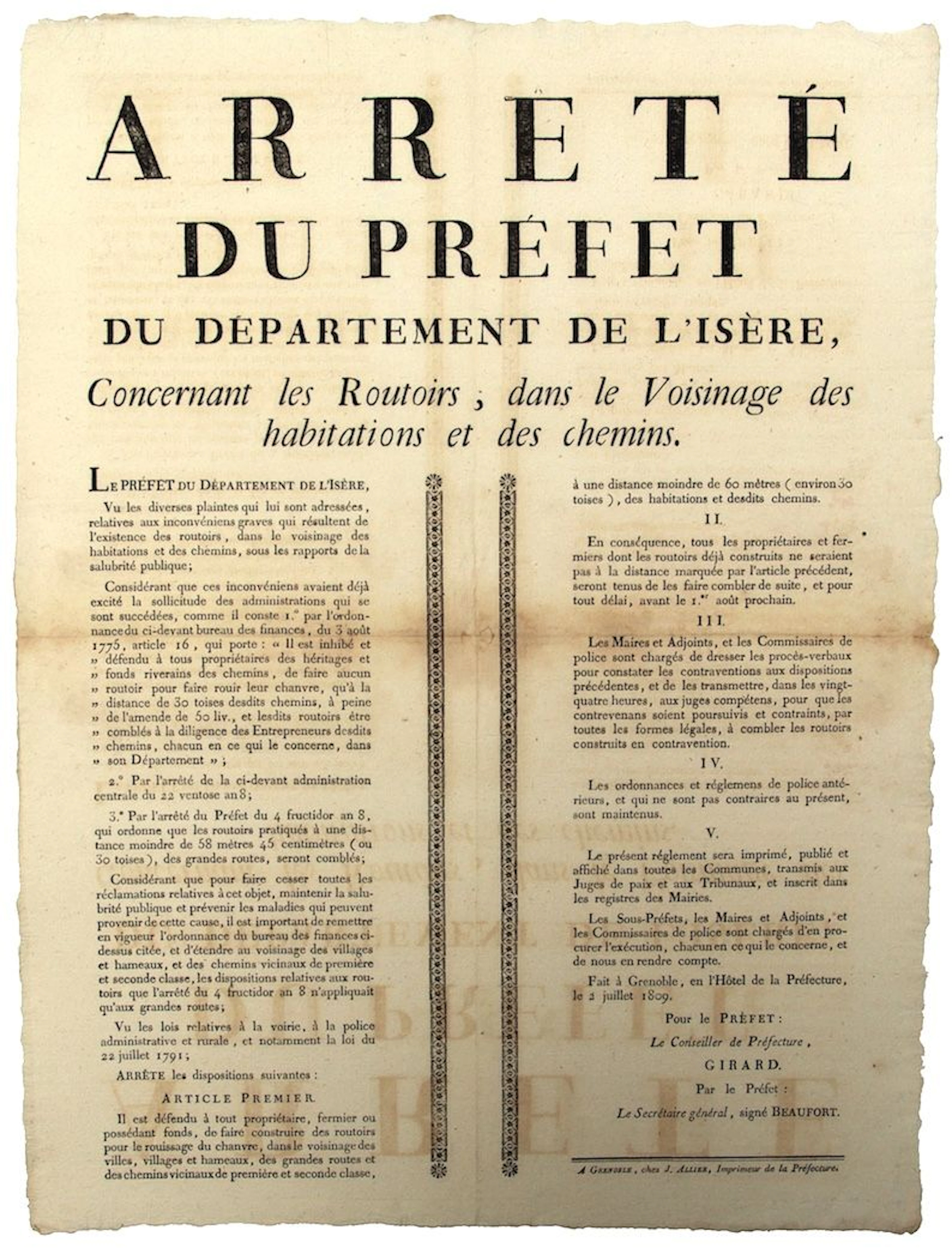 ISÈRE. ROUISSAGE du CHANVRE. Arrêté du Préfet de l'Isère, co - Lot 373