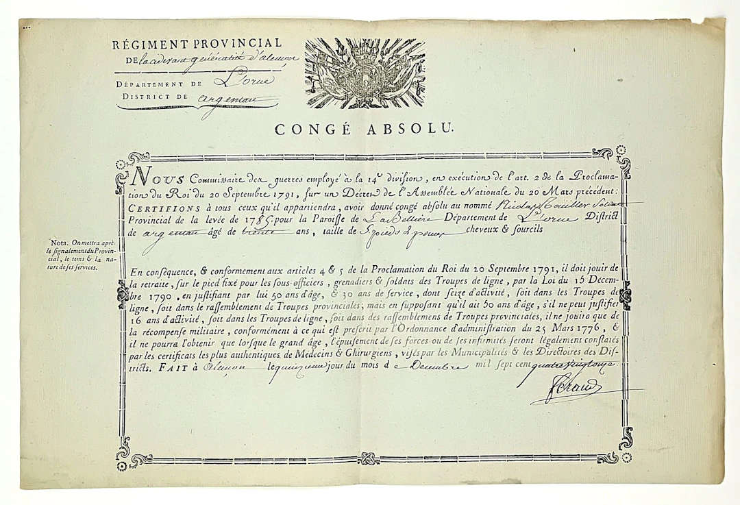 ORNE. 1791. "RÉGIMENT PROVINCIAL de la Ci-devant Généralité - Lot 206