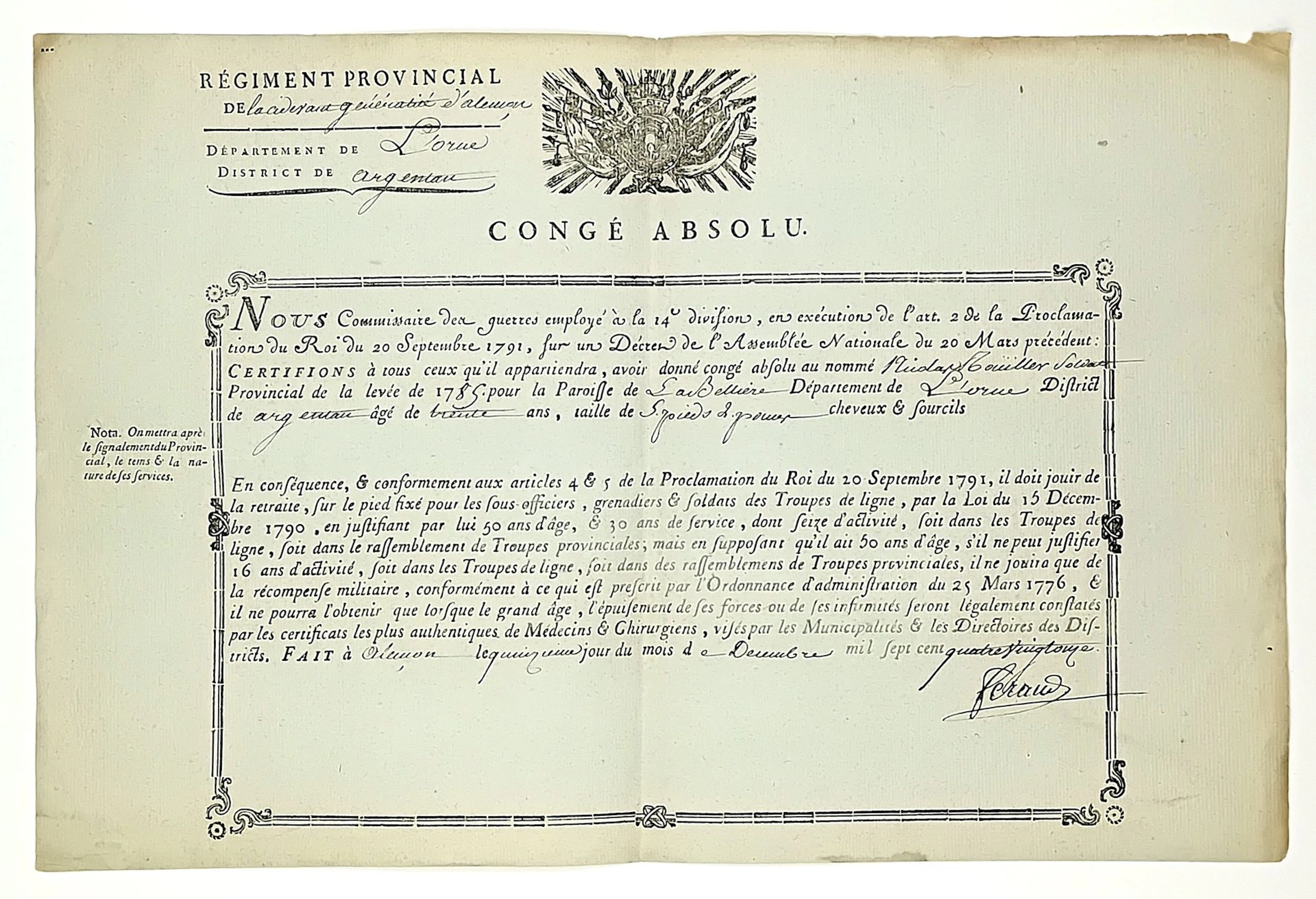 ORNE. 1791. "RÉGIMENT PROVINCIAL de la Ci-devant Généralité - Lot 206