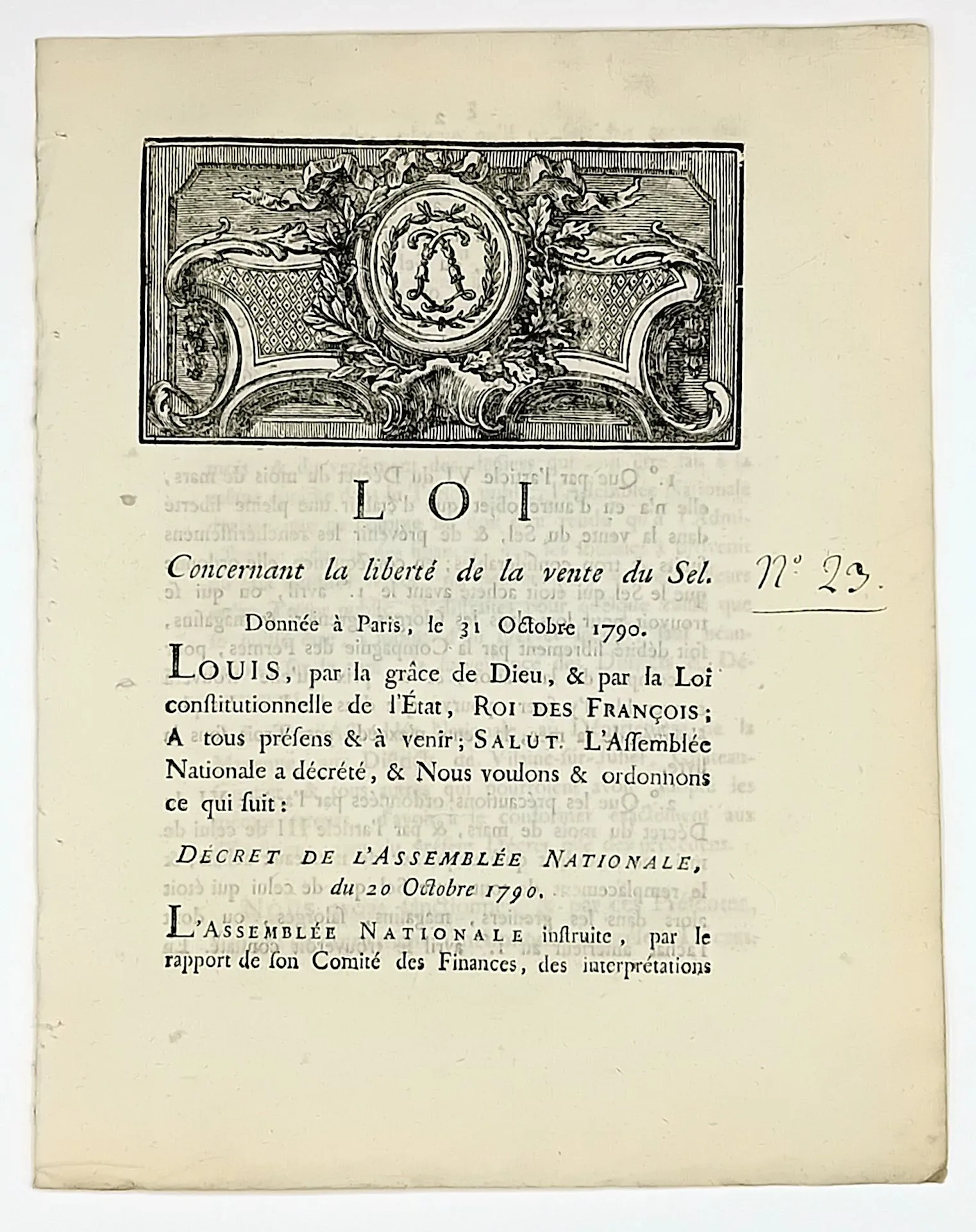 SEL. "LOI concernant la liberté de la Vente du SEL." Given i - Lot 192