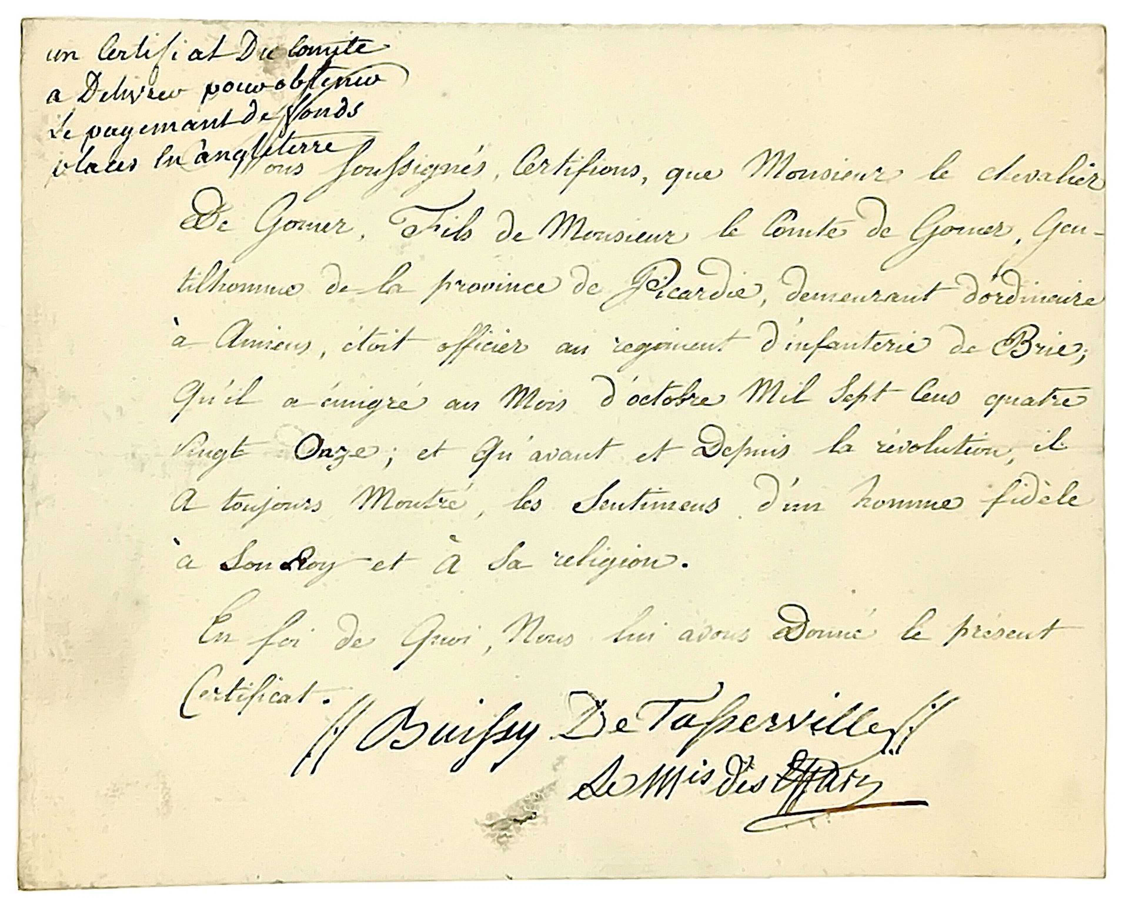 ARMY OF THE EMIGRANTS. Certificate of LOYALTY TO THE KING to - Lot 540