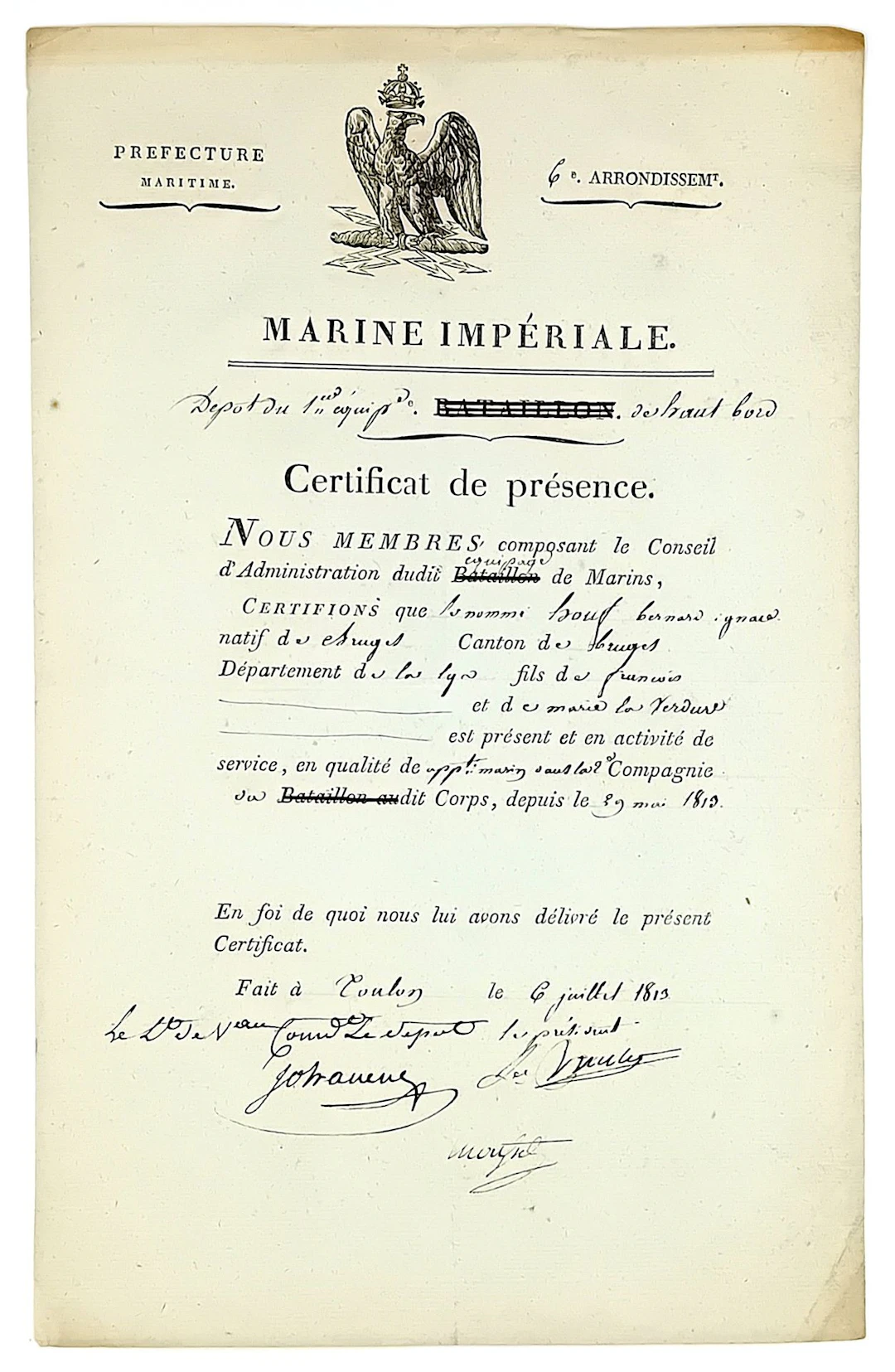 IMPERIAL NAVY. Certificate of service in the Corps for Berna - Lot 396