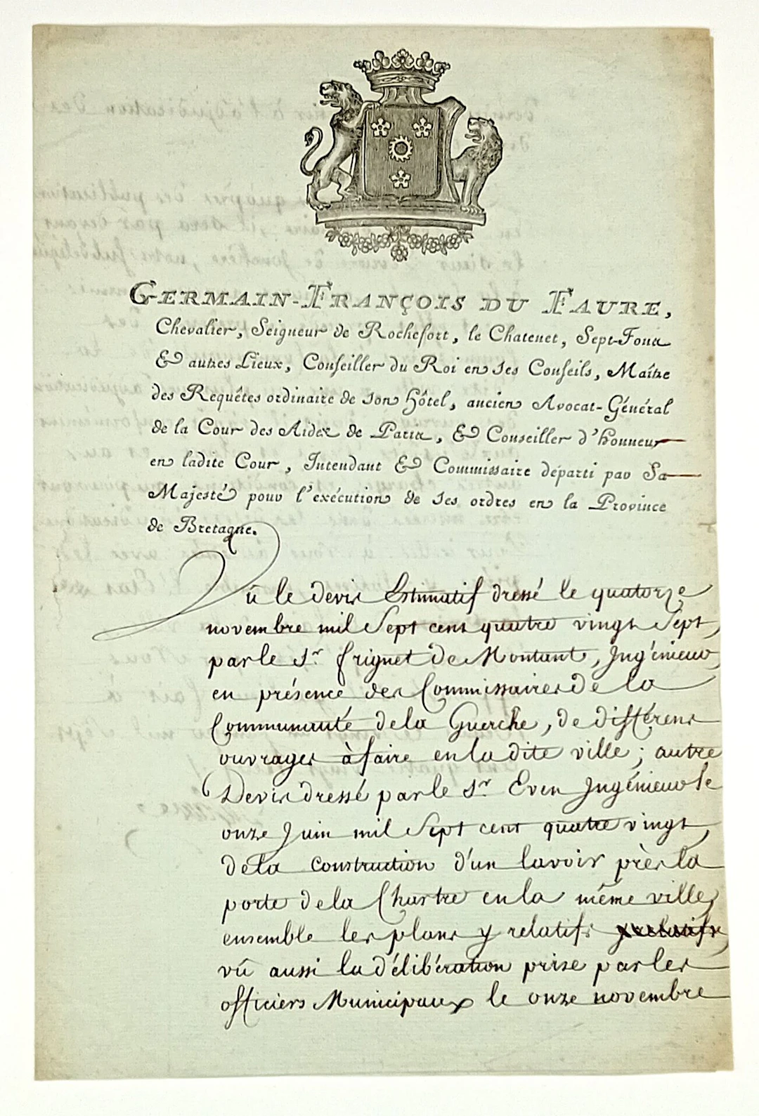 BRITTANY. RENNES (Ille-et-Vilaine) January 21, 1789. Documen - Lot 136