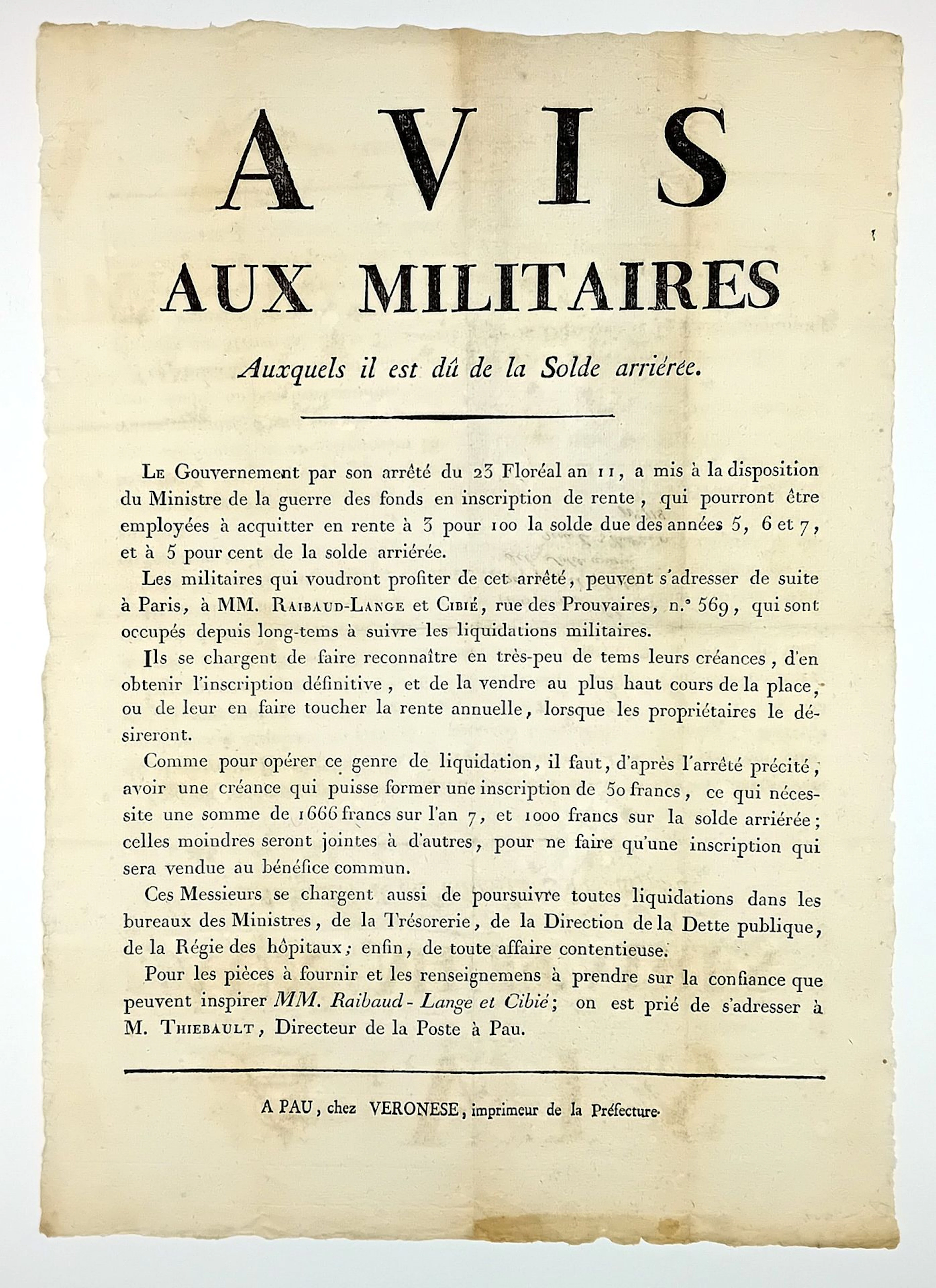 ATLANTIC PYRENEES. “NOTICE TO MILITARY PERSONNEL OWED BACK P - Lot 336