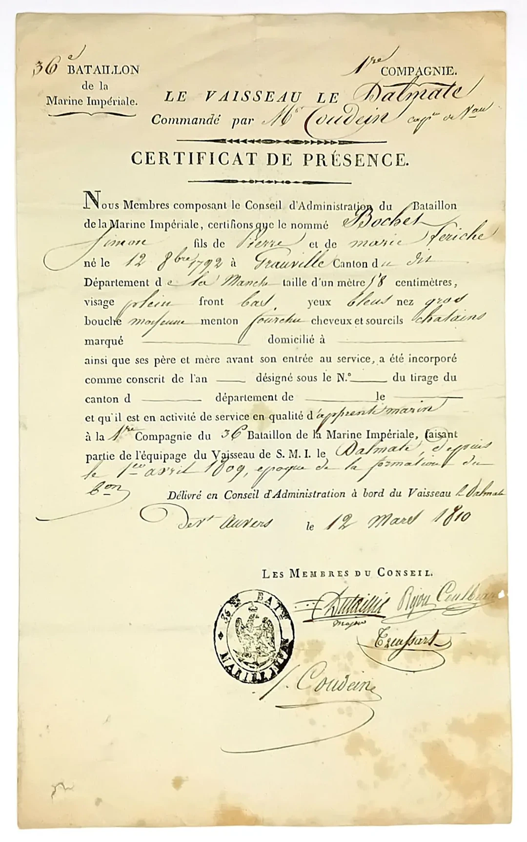 IMPERIAL NAVY. Certificate of service for an apprentice sail - Lot 374