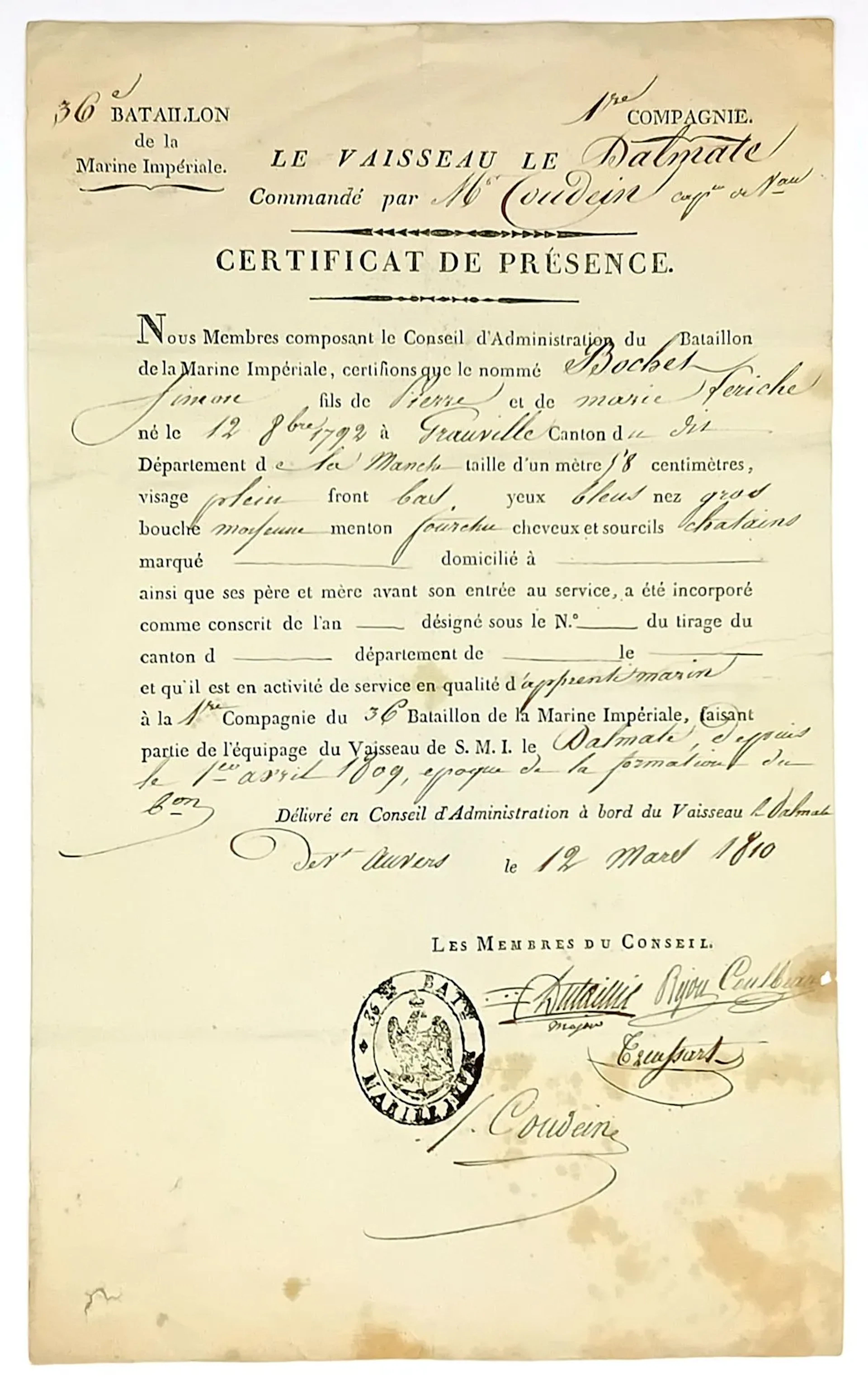 IMPERIAL NAVY. Certificate of service for an apprentice sail - Lot 374