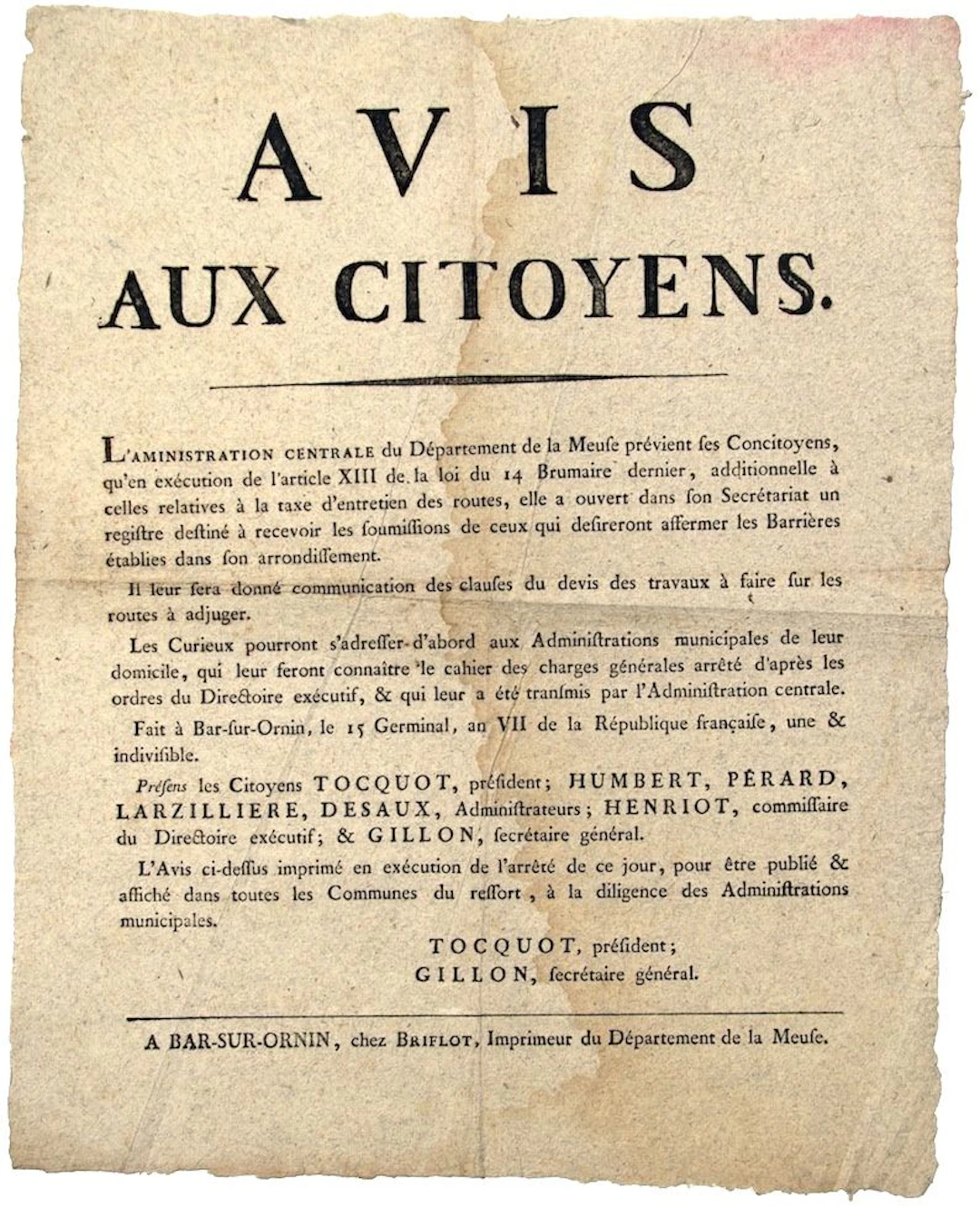 MEUSE. BAR-SUR-ORNAIN (Revolutionary name for BAR-LE DUC). “ - Lot 282