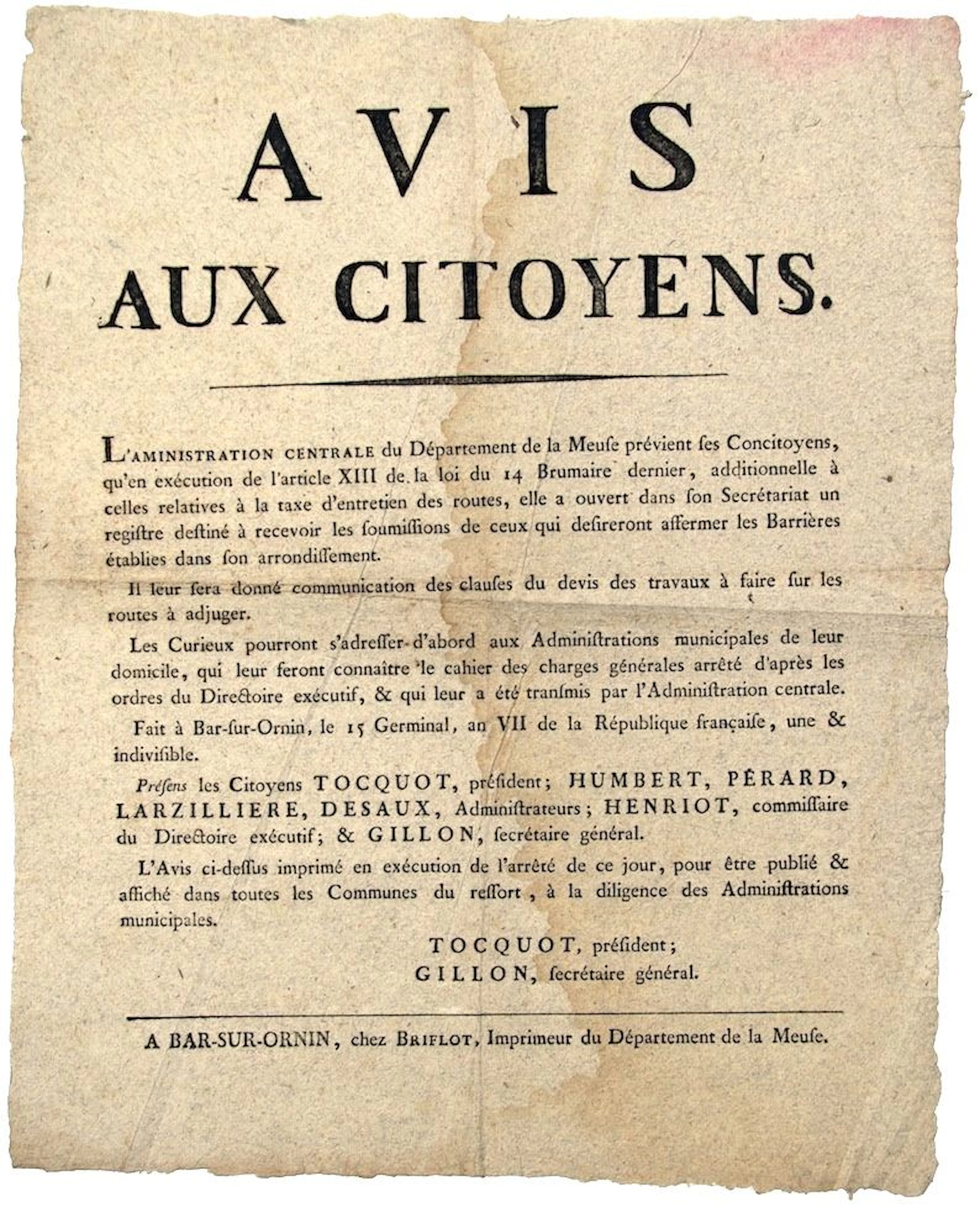 MEUSE. BAR-SUR-ORNAIN (Revolutionary name for BAR-LE DUC). “ - Lot 282