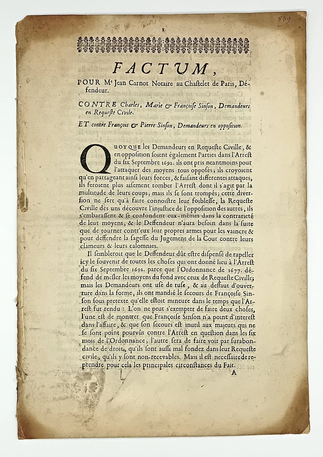 MEUSE. LIGNY-EN-BARROIS FOREST (55). Trial circa 1696 - "FAC - Lot 34