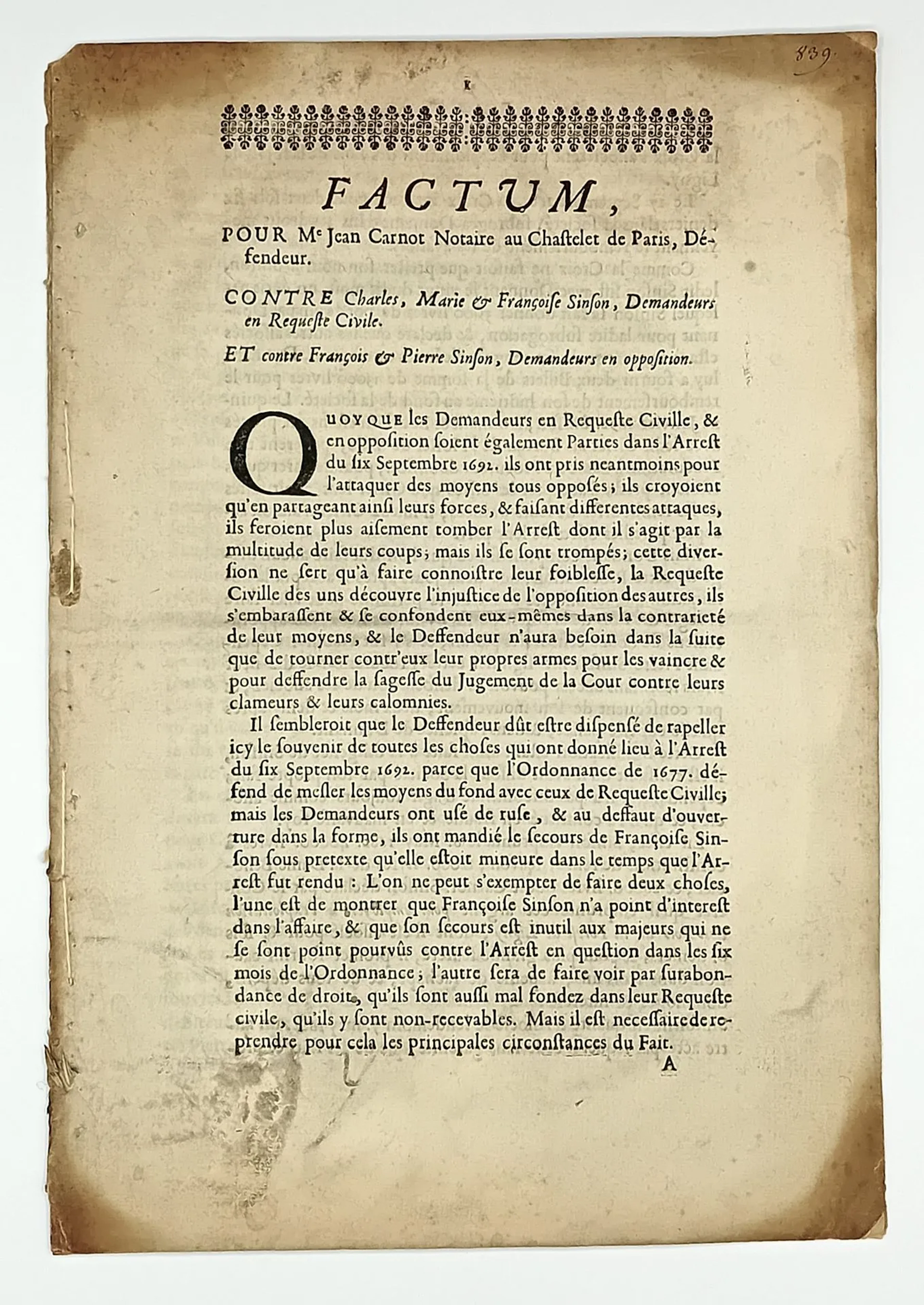 MEUSE. LIGNY-EN-BARROIS FOREST (55). Trial circa 1696 - "FAC - Lot 34