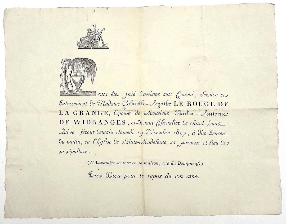 PARIS 1807. Placard mortuaire de " Madame Gabrielle-Agathe L - Lot 368