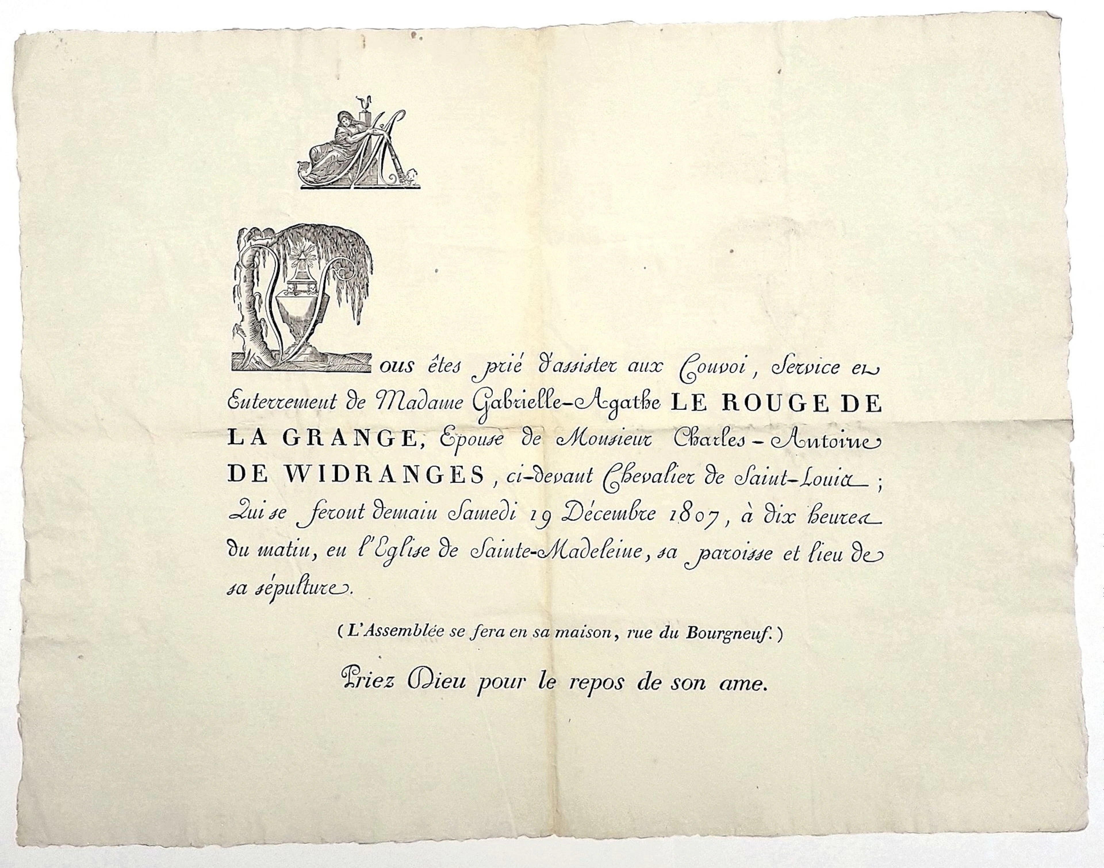 PARIS 1807. Placard mortuaire de " Madame Gabrielle-Agathe L - Lot 368