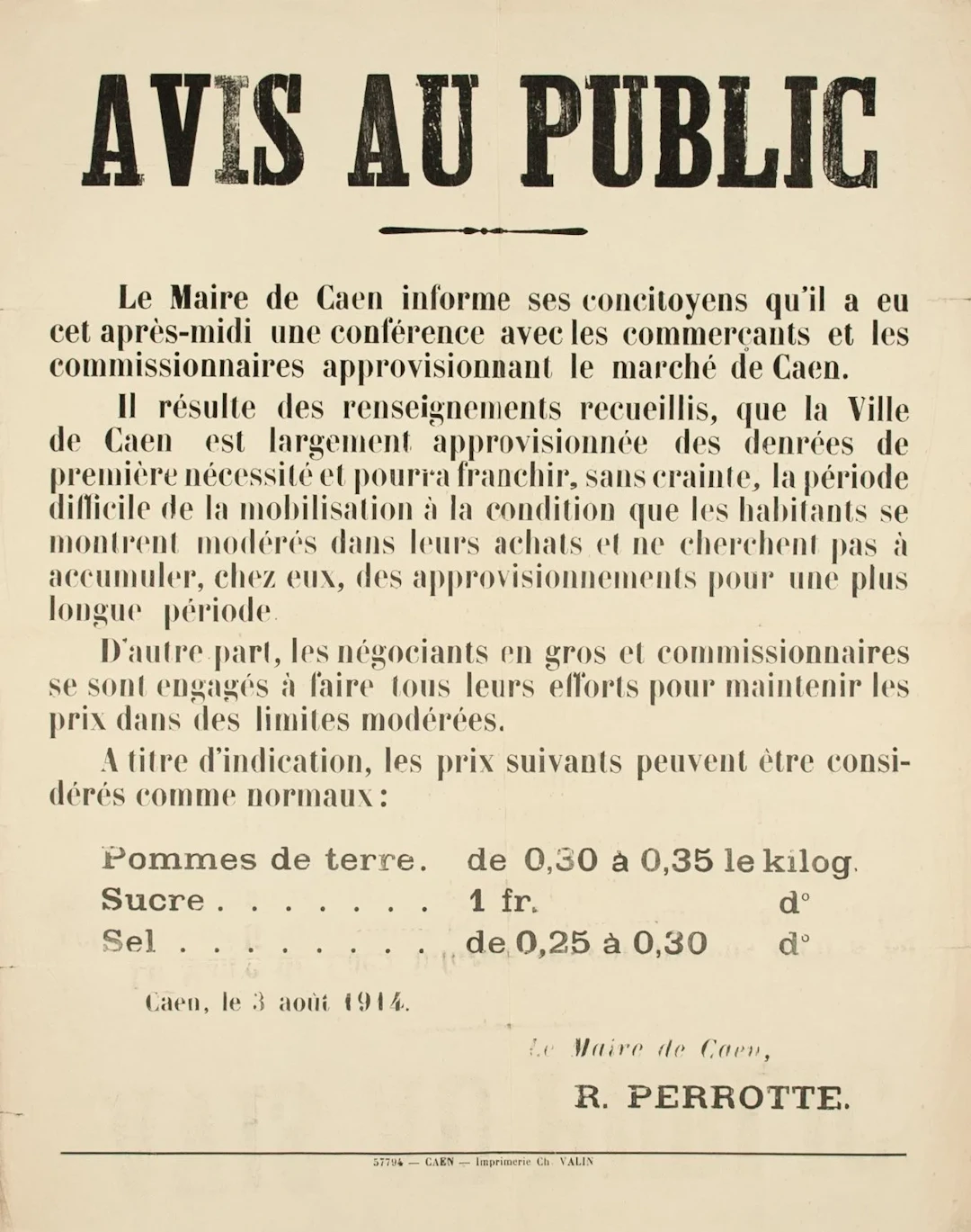 CAEN (Calvados) August 3, 1914 - Notice to the public, from - Lot 644