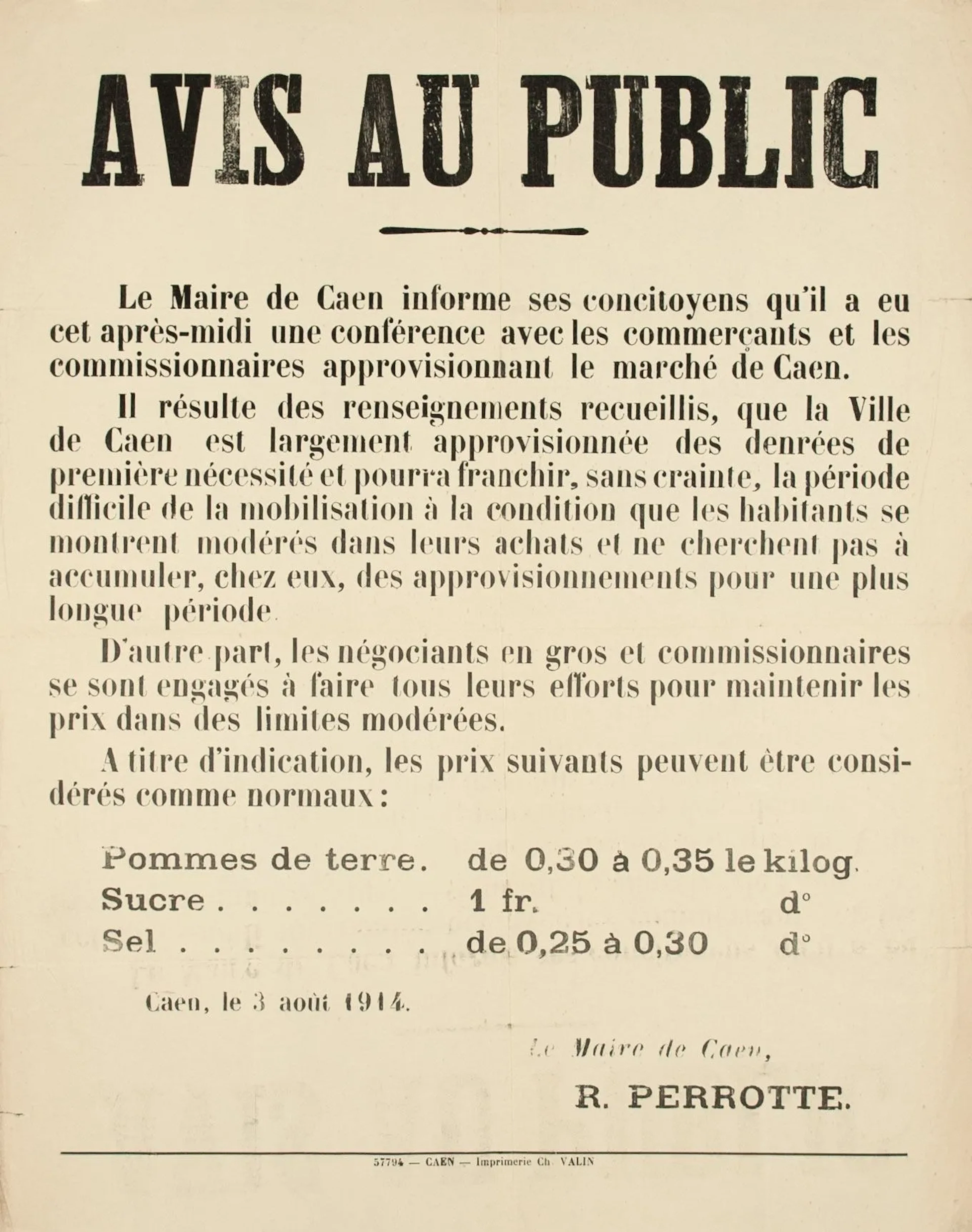 CAEN (Calvados) August 3, 1914 - Notice to the public, from - Lot 644