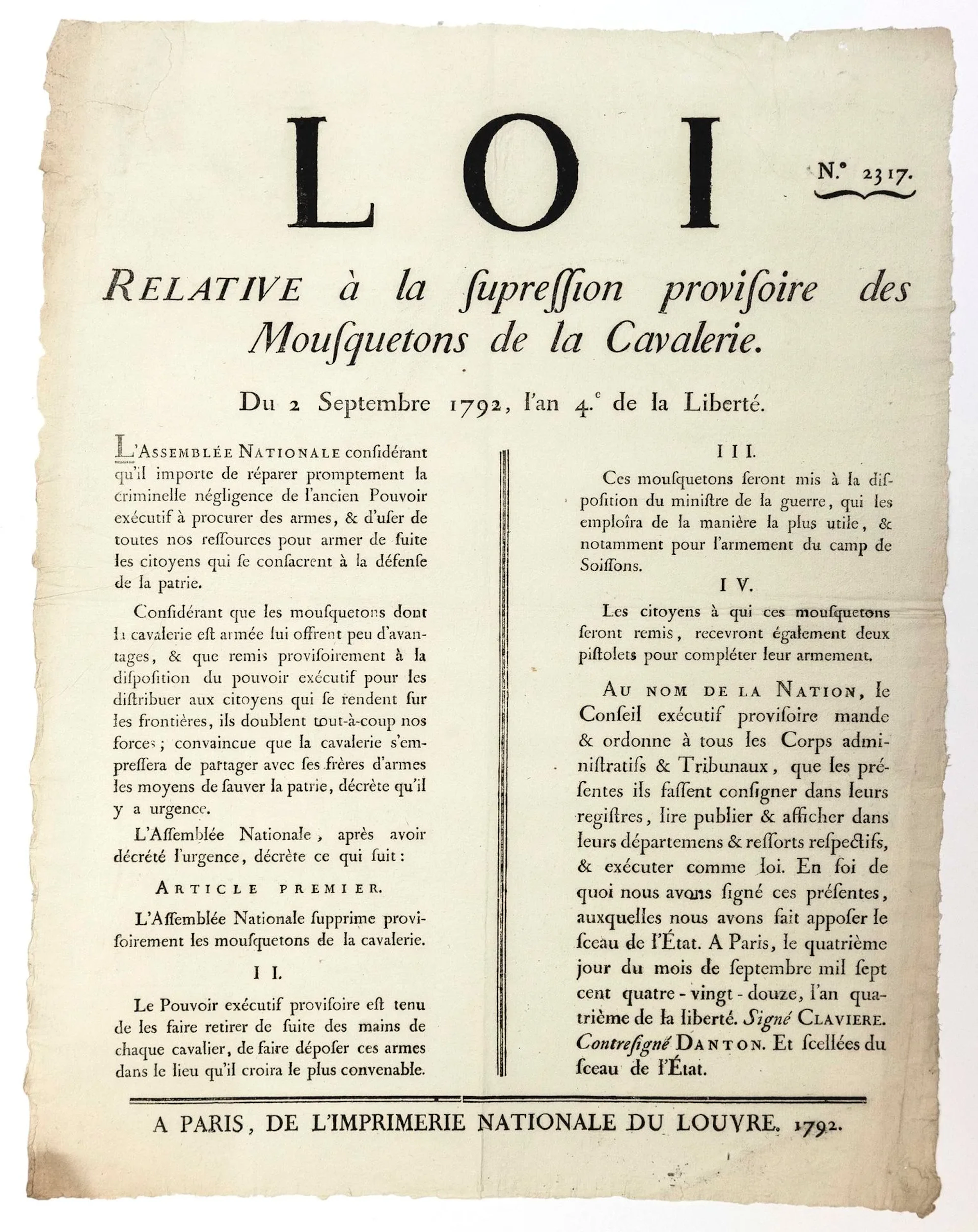 CAVALRY MUSKET. 1792. DANTON. "Loi relative à la suspension - Lot 194