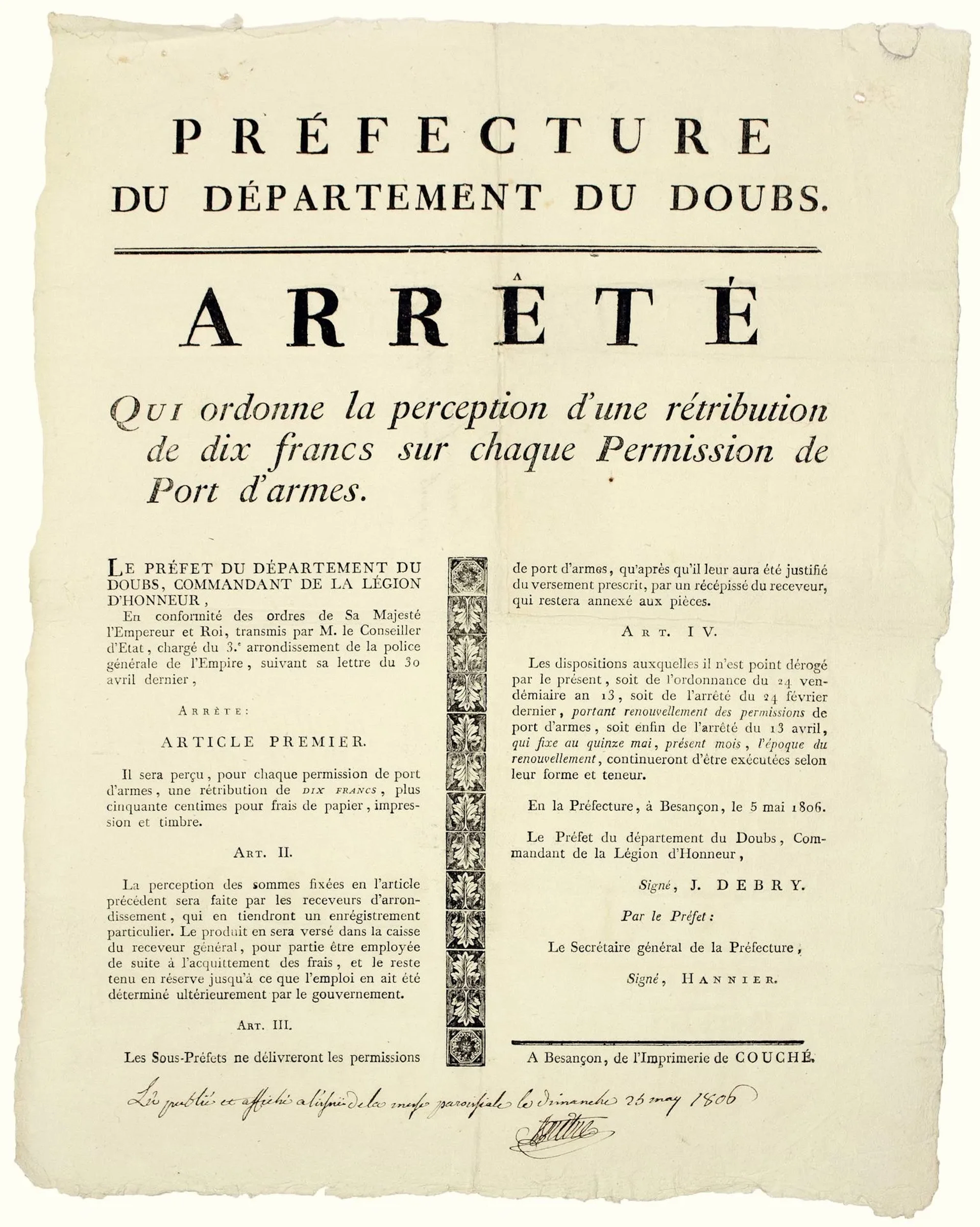 DOUBS. "Arrêté qui ordonne la perception d'une rétribution d - Lot 361