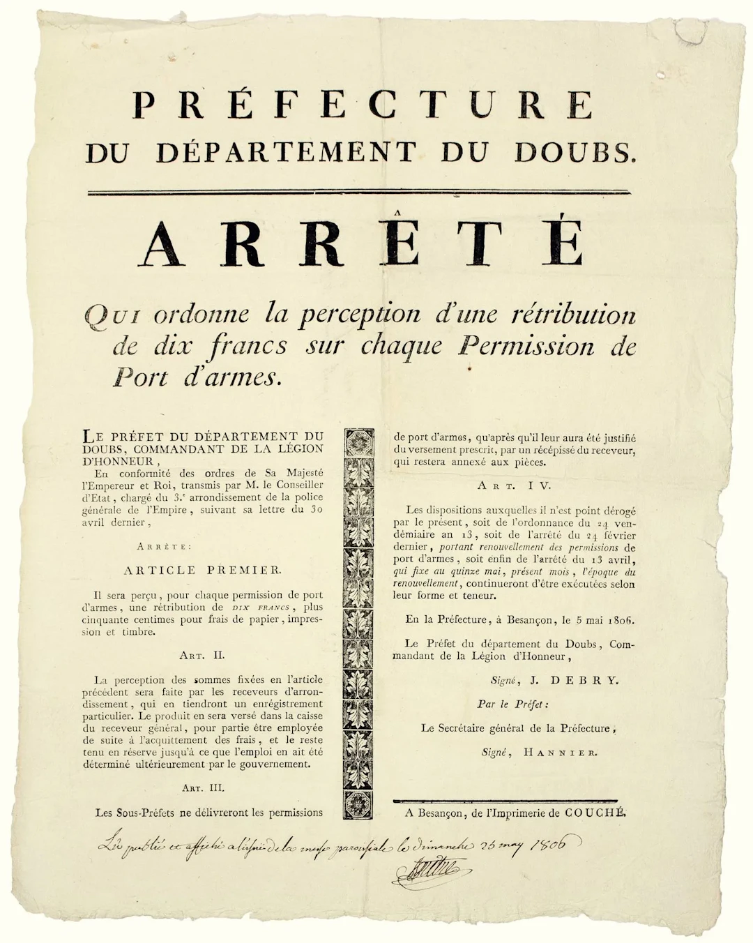 DOUBS. "Arrêté qui ordonne la perception d'une rétribution d - Lot 361