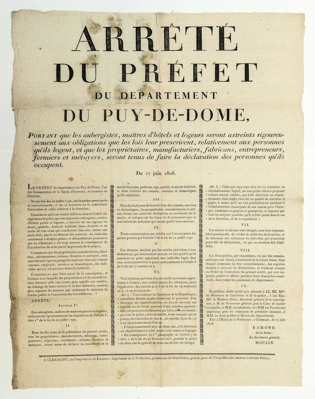 PUY-DE-DÔME. 1808. INNS, HOTELS. "Arrêté du préfet du Départ - Lot 370
