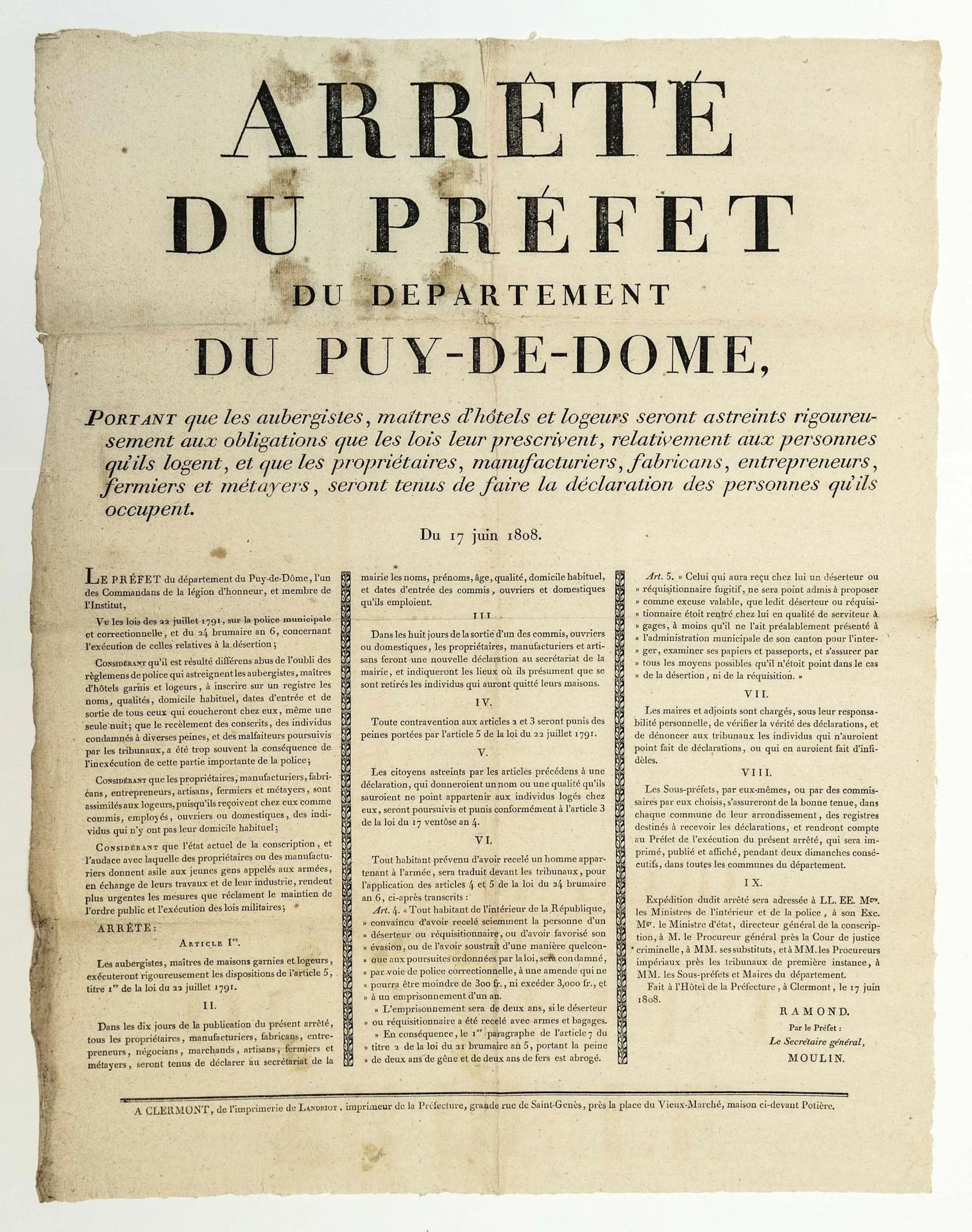 PUY-DE-DÔME. 1808. INNS, HOTELS. "Arrêté du préfet du Départ - Lot 370