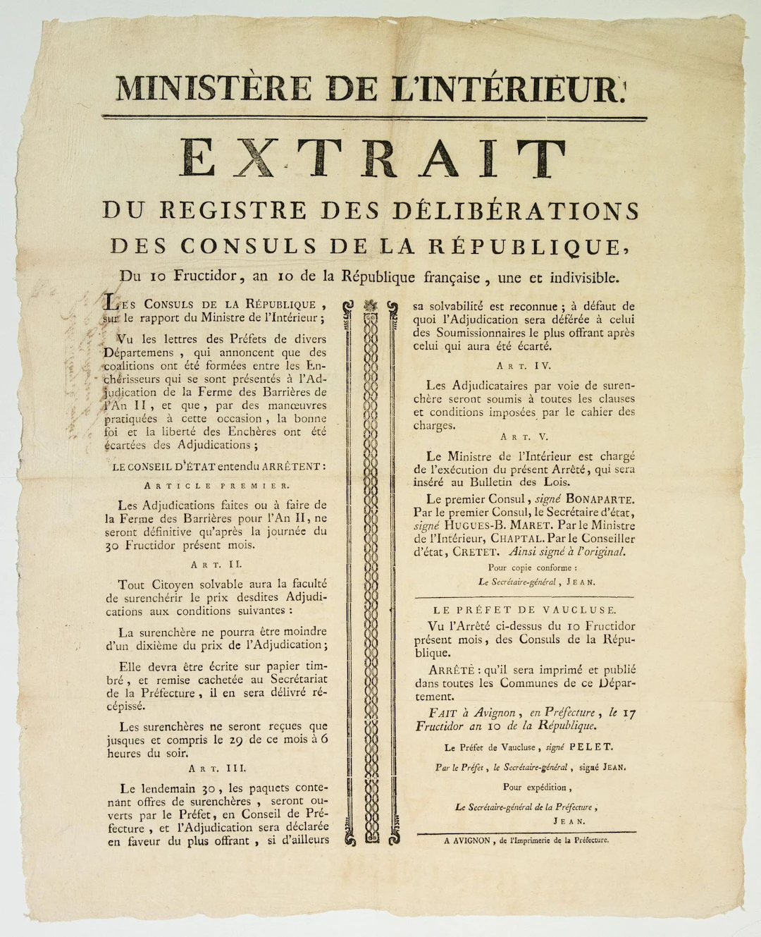 VAUCLUSE. 1802. CUSTOMS. FERMES DES BARRIÈRES pour l'An 11. - Lot 319