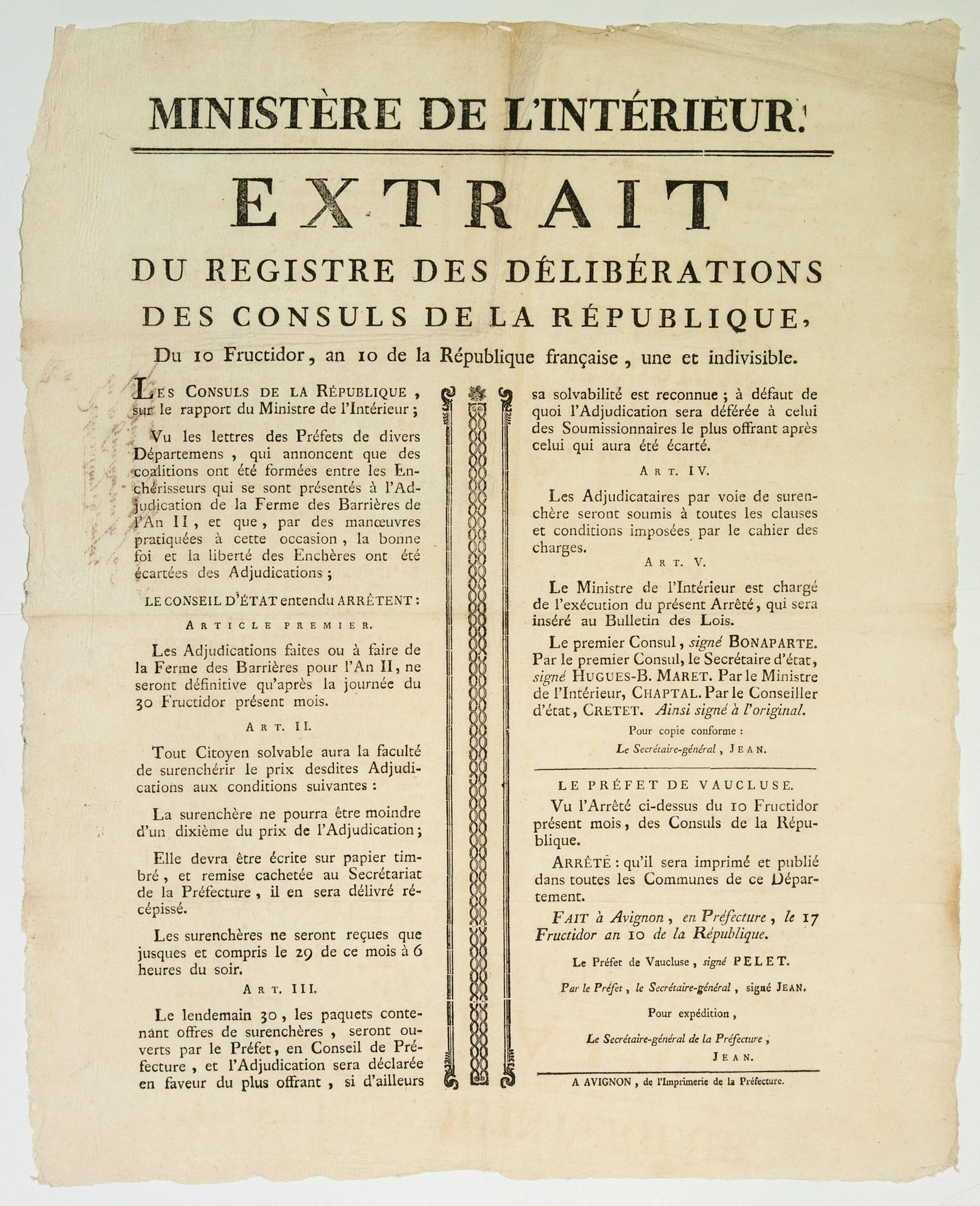VAUCLUSE. 1802. CUSTOMS. FERMES DES BARRIÈRES pour l'An 11. - Lot 319