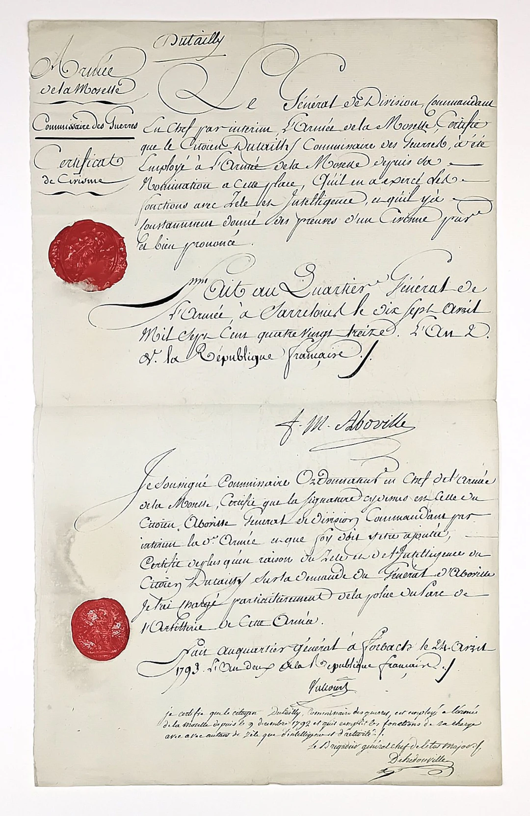 Count d’ABOVILLE and Count d’HÉDOUVILLE. MOSELLE ARMY. Certi - Lot 220