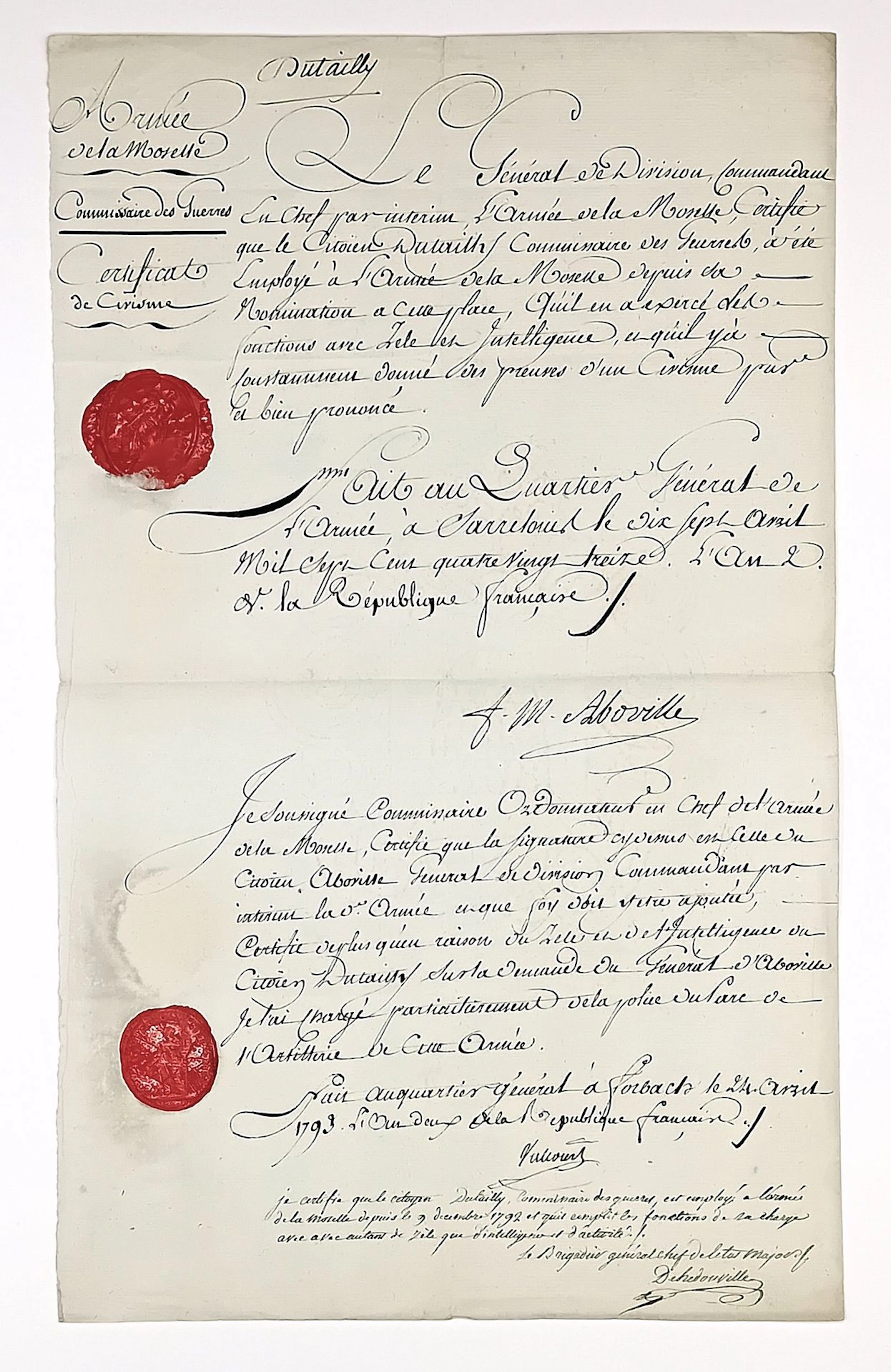 Count d’ABOVILLE and Count d’HÉDOUVILLE. MOSELLE ARMY. Certi - Lot 220