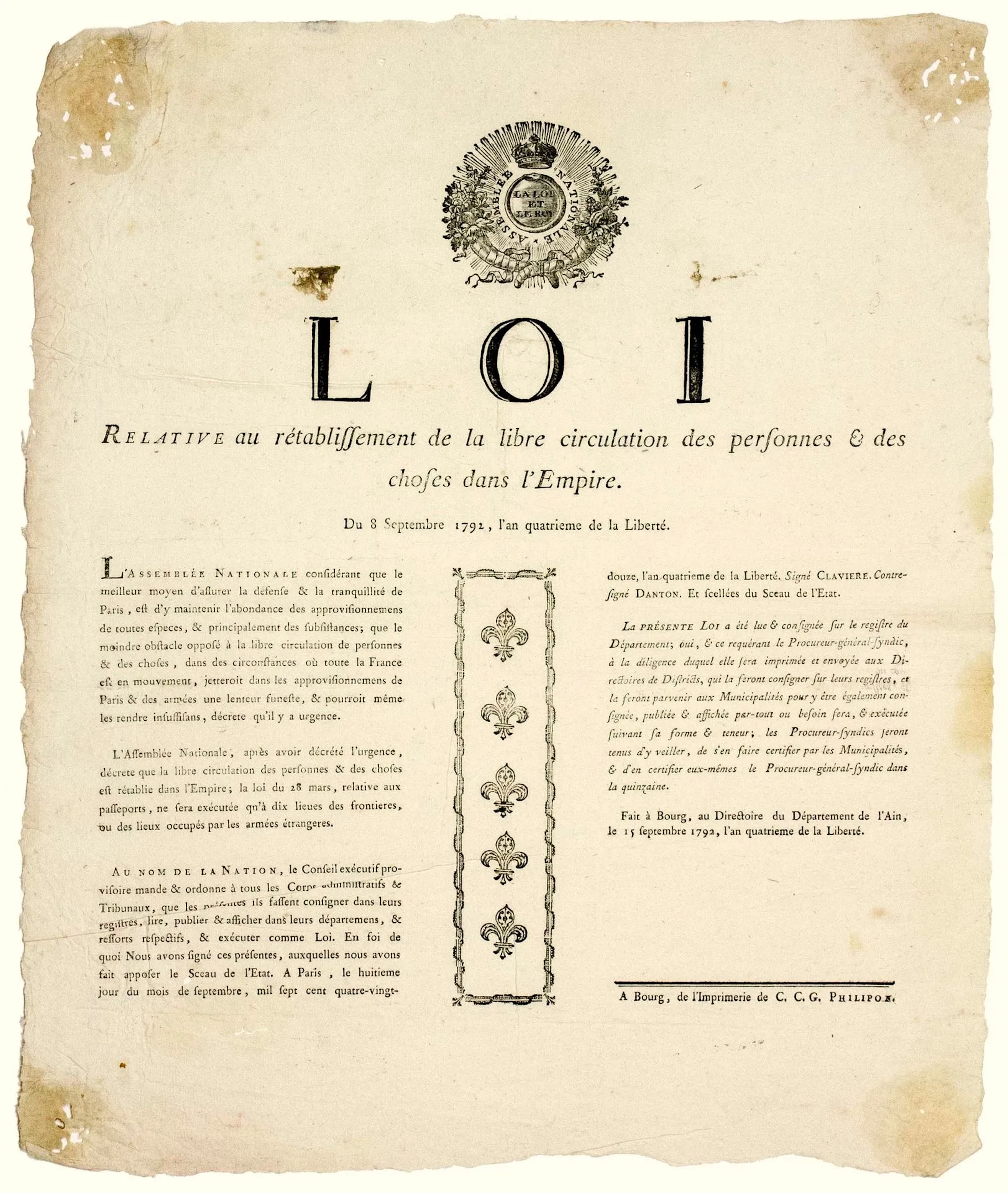 DANTON. 1792. AIN. "LOI relative au rétablissement de la LIB - Lot 196