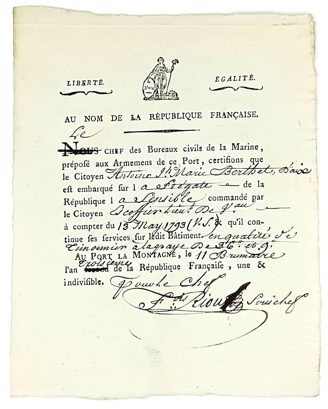 VAR. PORT LA MONTAGNE (Revolutionary name for TOULON). Certi - Lot 242