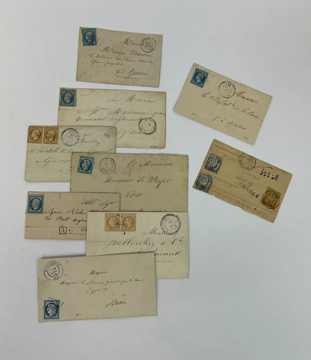 Corsica: Set of 9 letters sent to or from Corsica, franked w - Lot 120