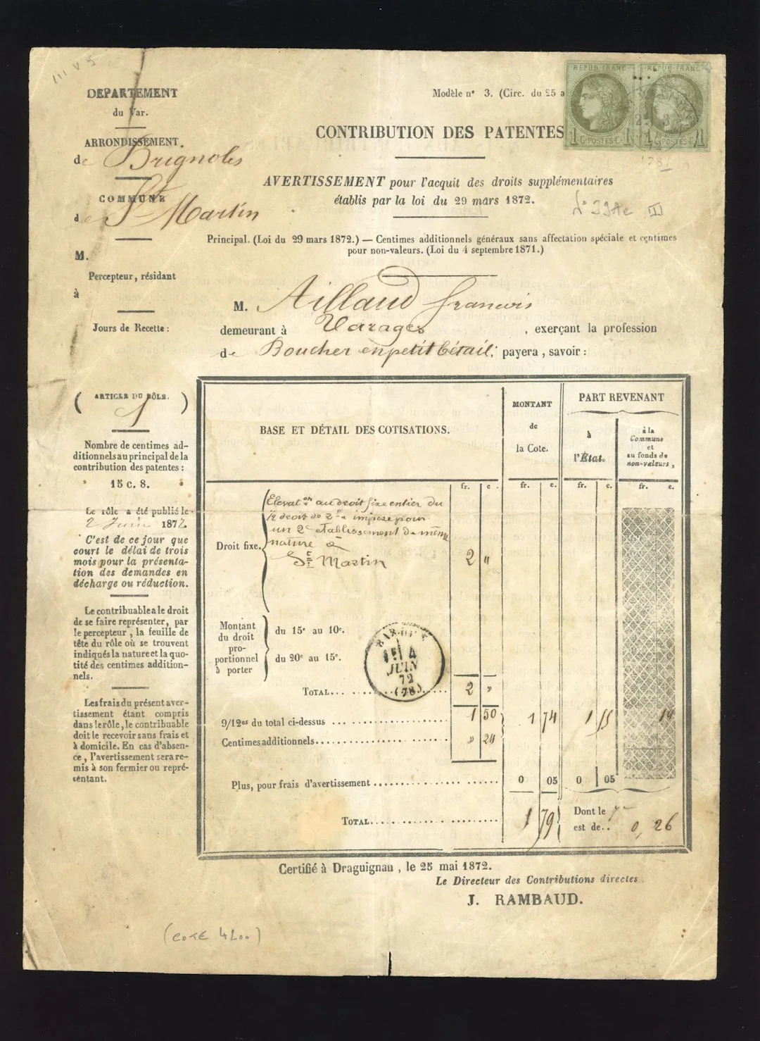 Bordeaux: 1c. Olive Pair. Obligation stamp from the Saint Ma - Lot 94