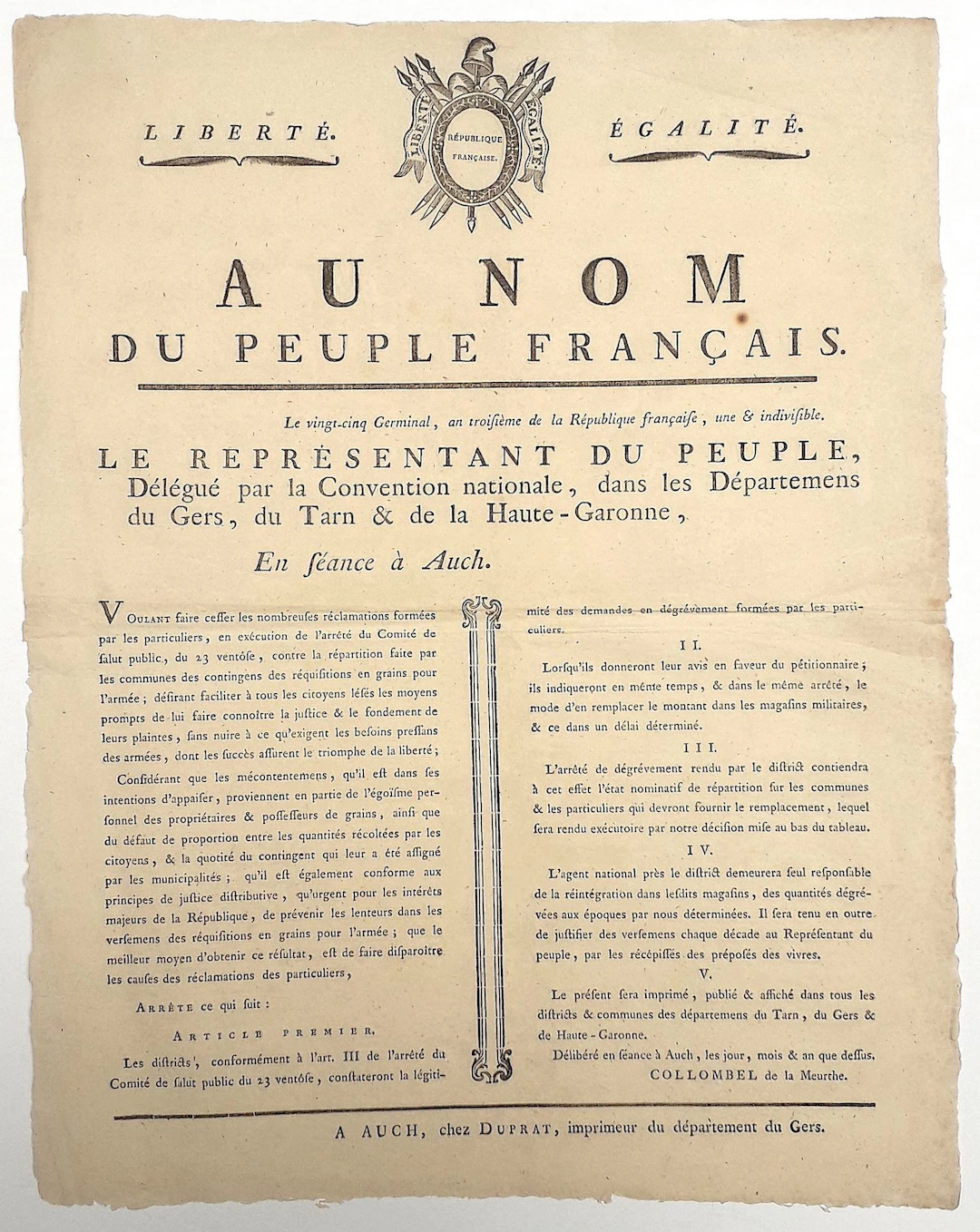 GERS. 1795. “In the Name of the French People,” Decree by CO - Lot 247