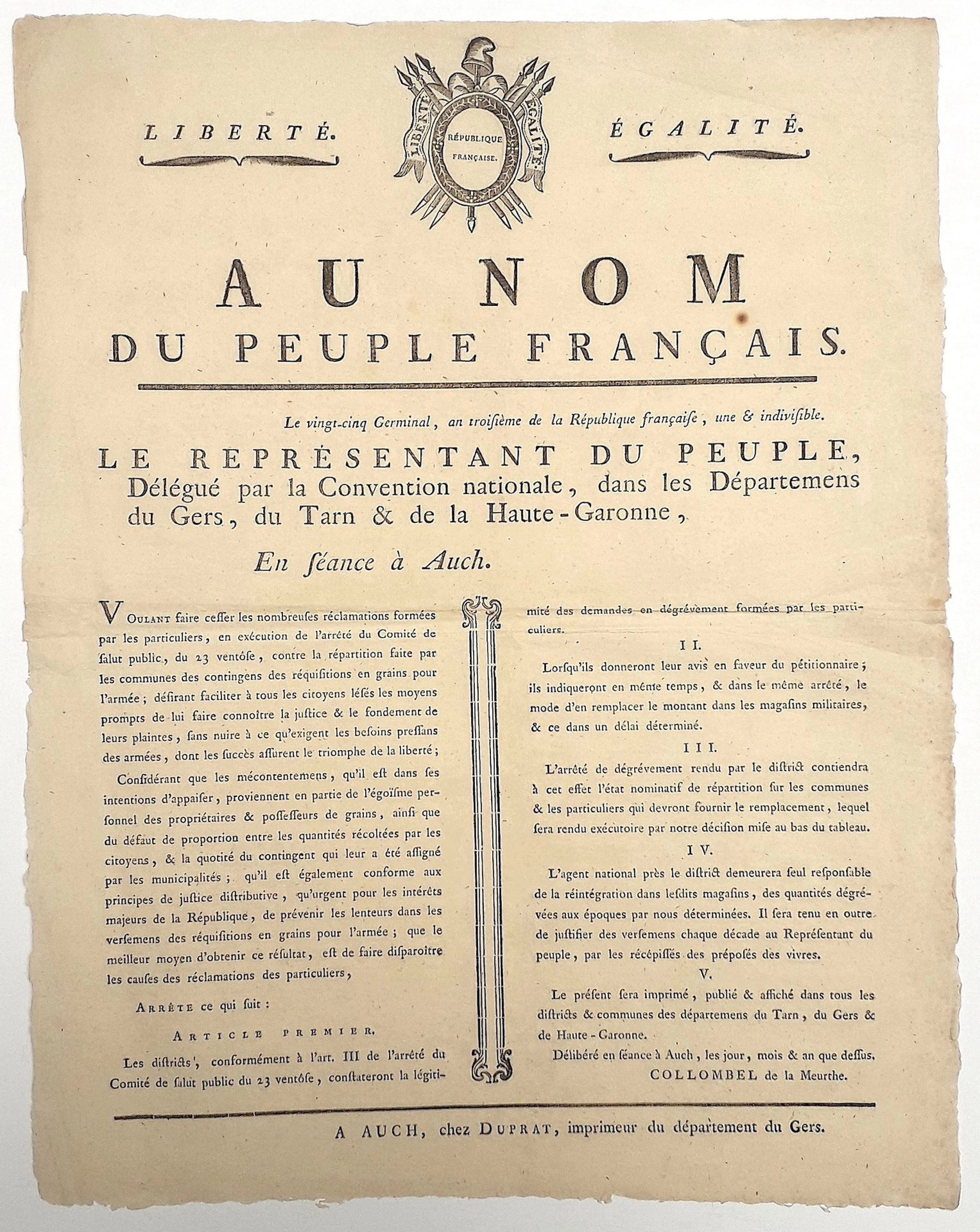 GERS. 1795. “In the Name of the French People,” Decree by CO - Lot 247