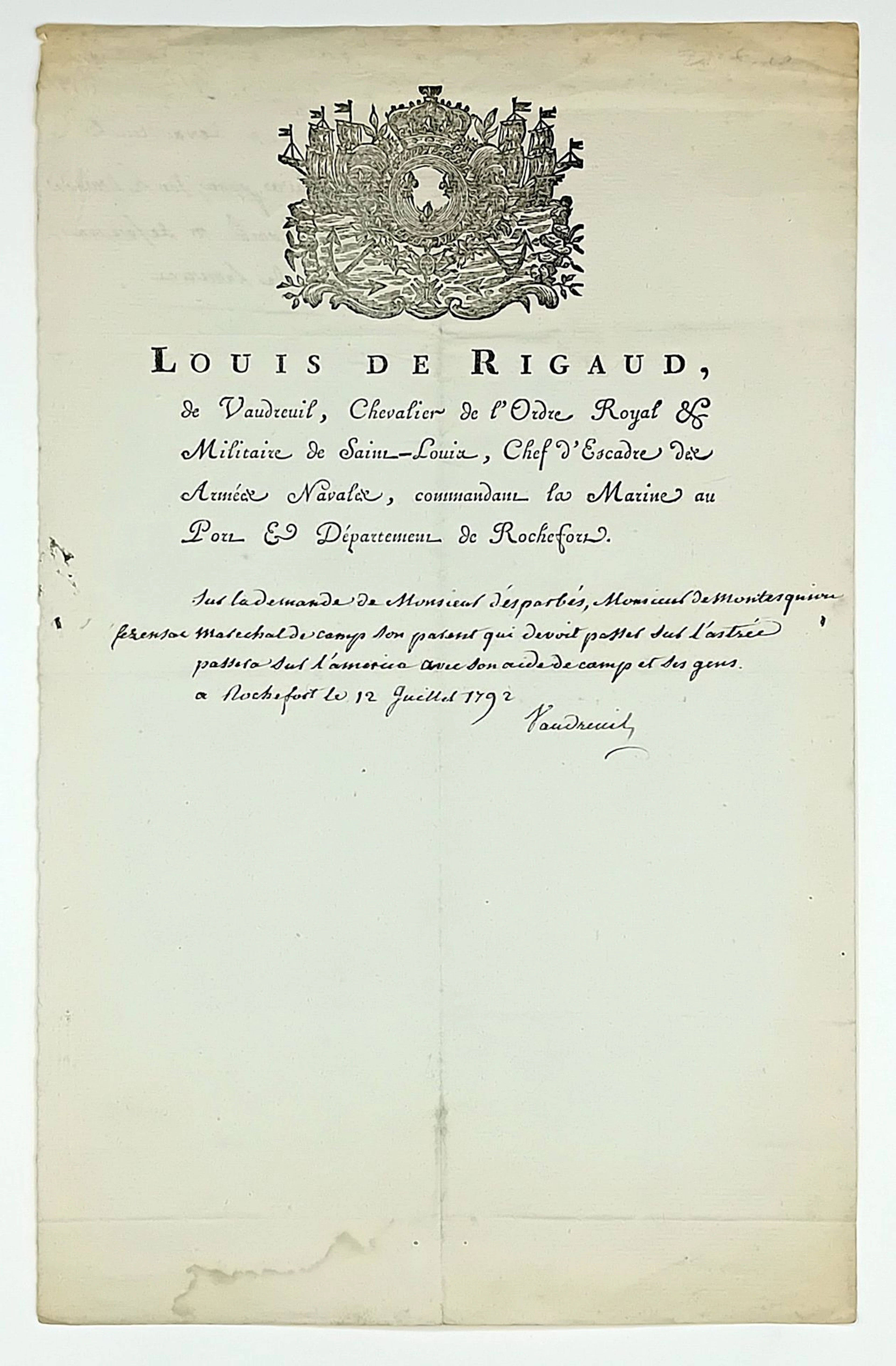 NAVY. Louis Philippe de RIGAUD, Count of VAUDREUIL, Squadron - Lot 218