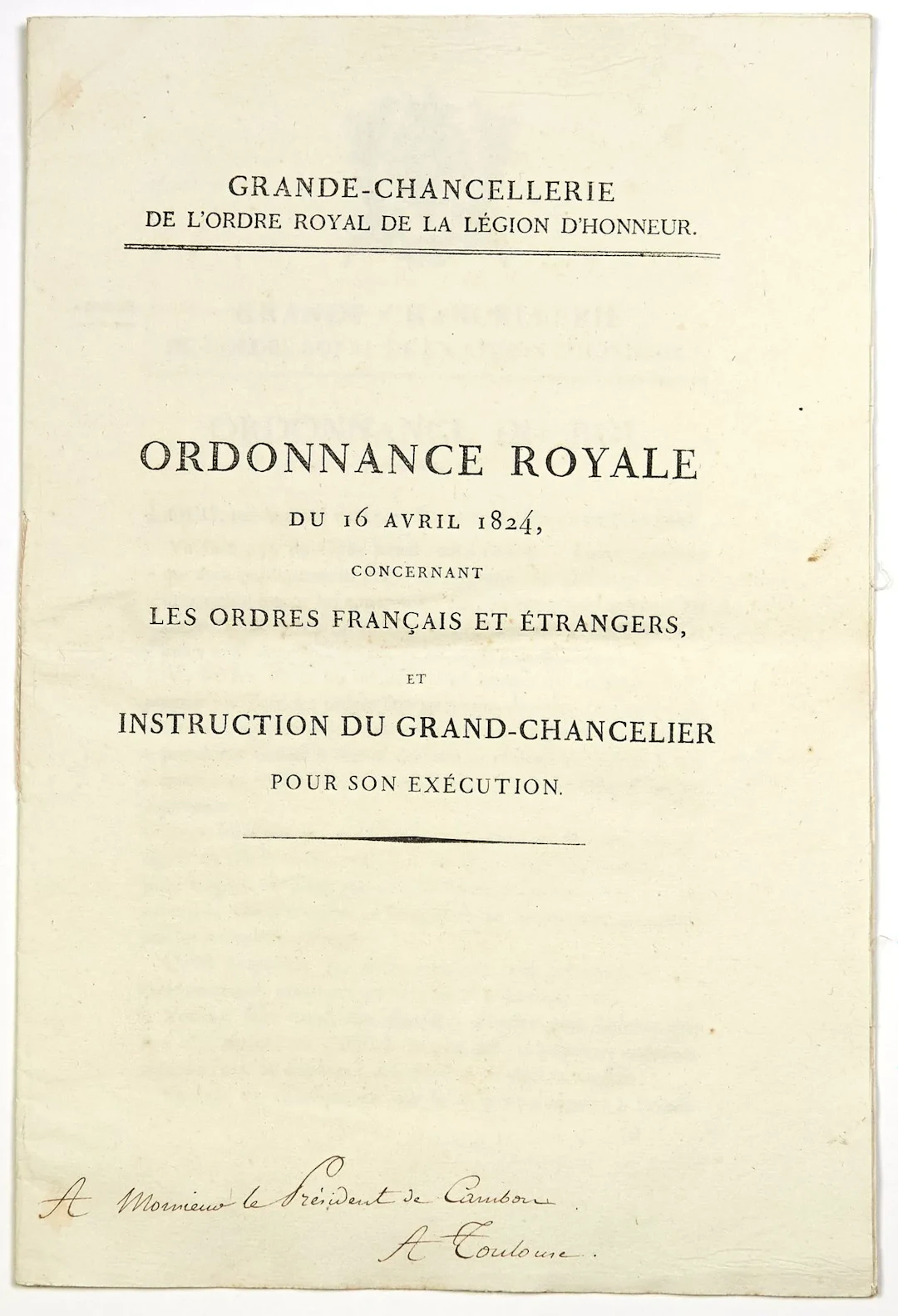 LEGION OF HONOR. FRENCH AND FOREIGN ORDERS. 1824. "Grand Cha - Lot 459