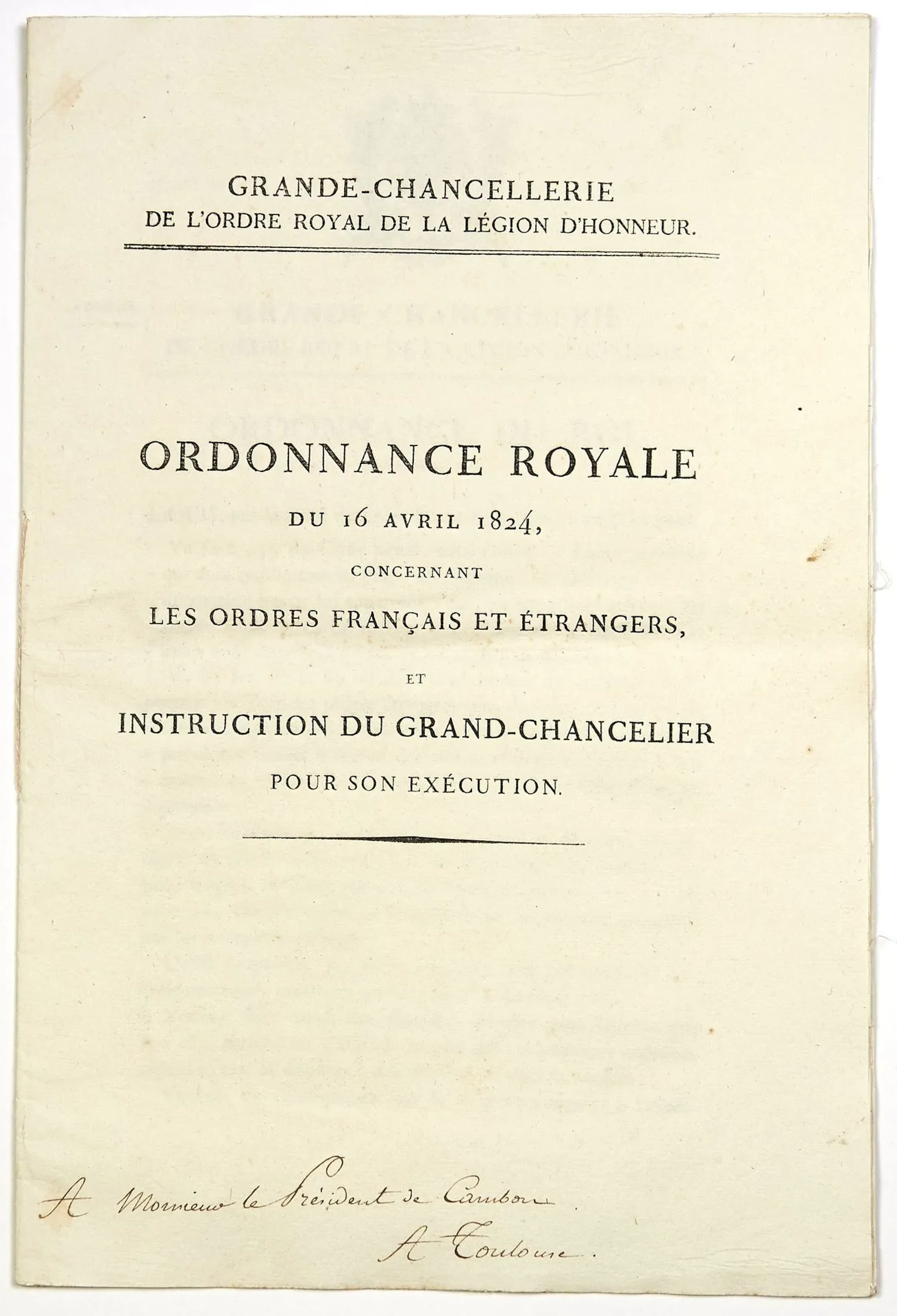 LEGION OF HONOR. FRENCH AND FOREIGN ORDERS. 1824. "Grand Cha - Lot 459