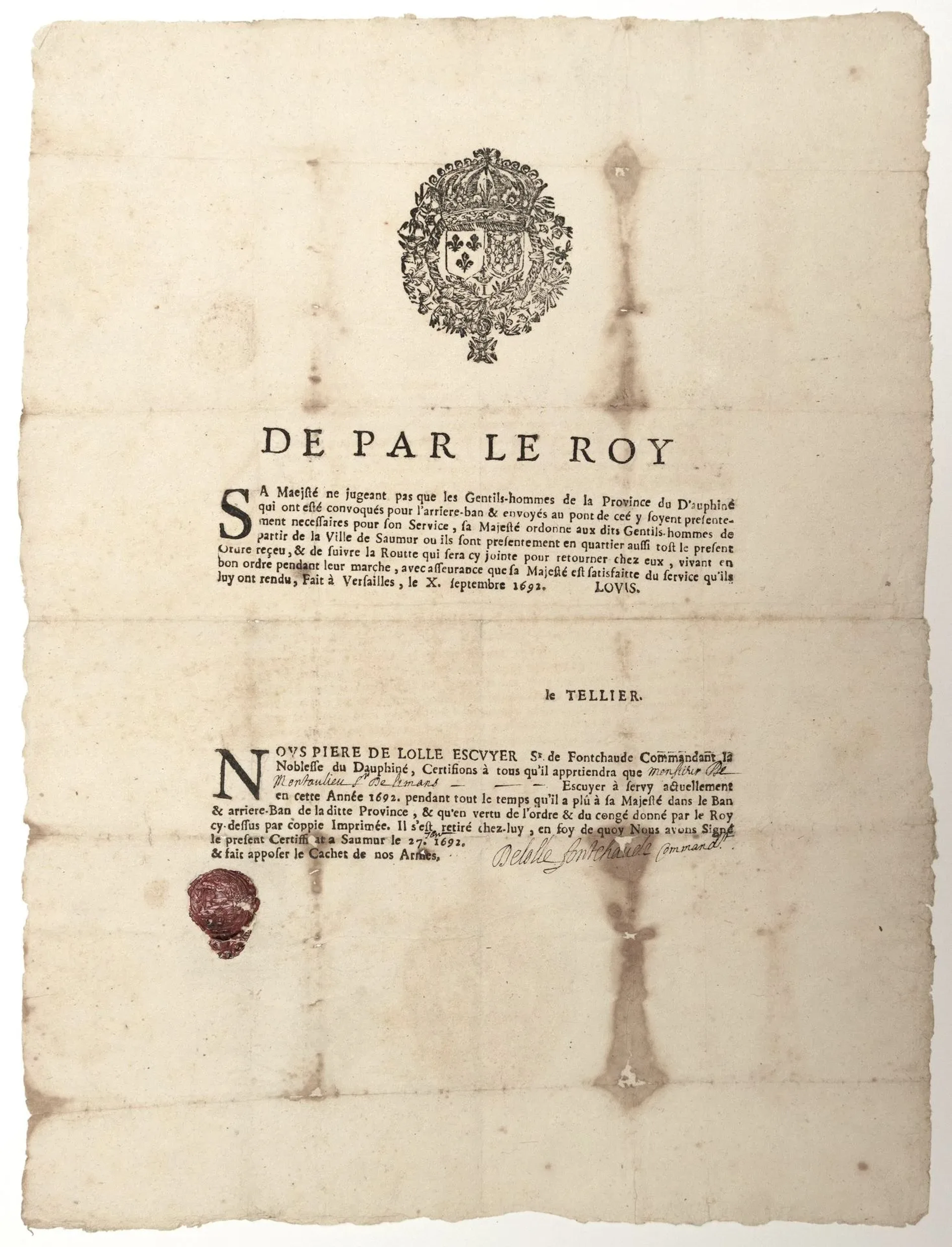 MAINE-ET-LOIRE. 1692. Summons of the NOBILITY OF THE DAUPHIN - Lot 32