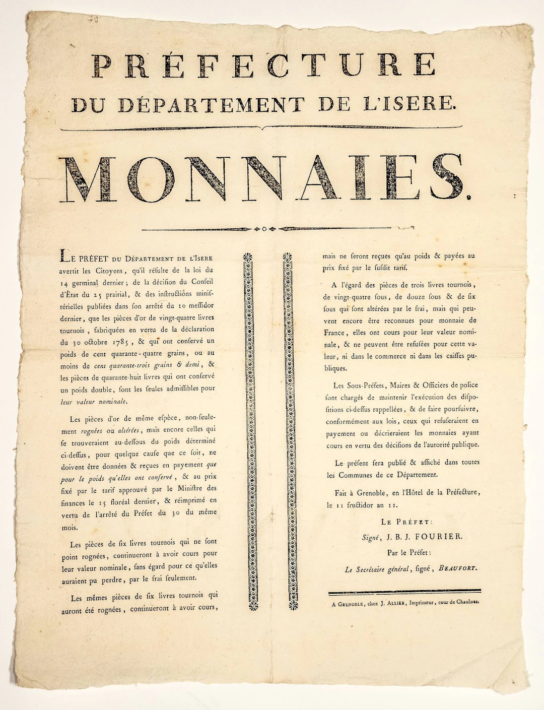 GOLD COINS. Notice by FOURIER, Prefect of ISÈRE, Issued in G - Lot 338