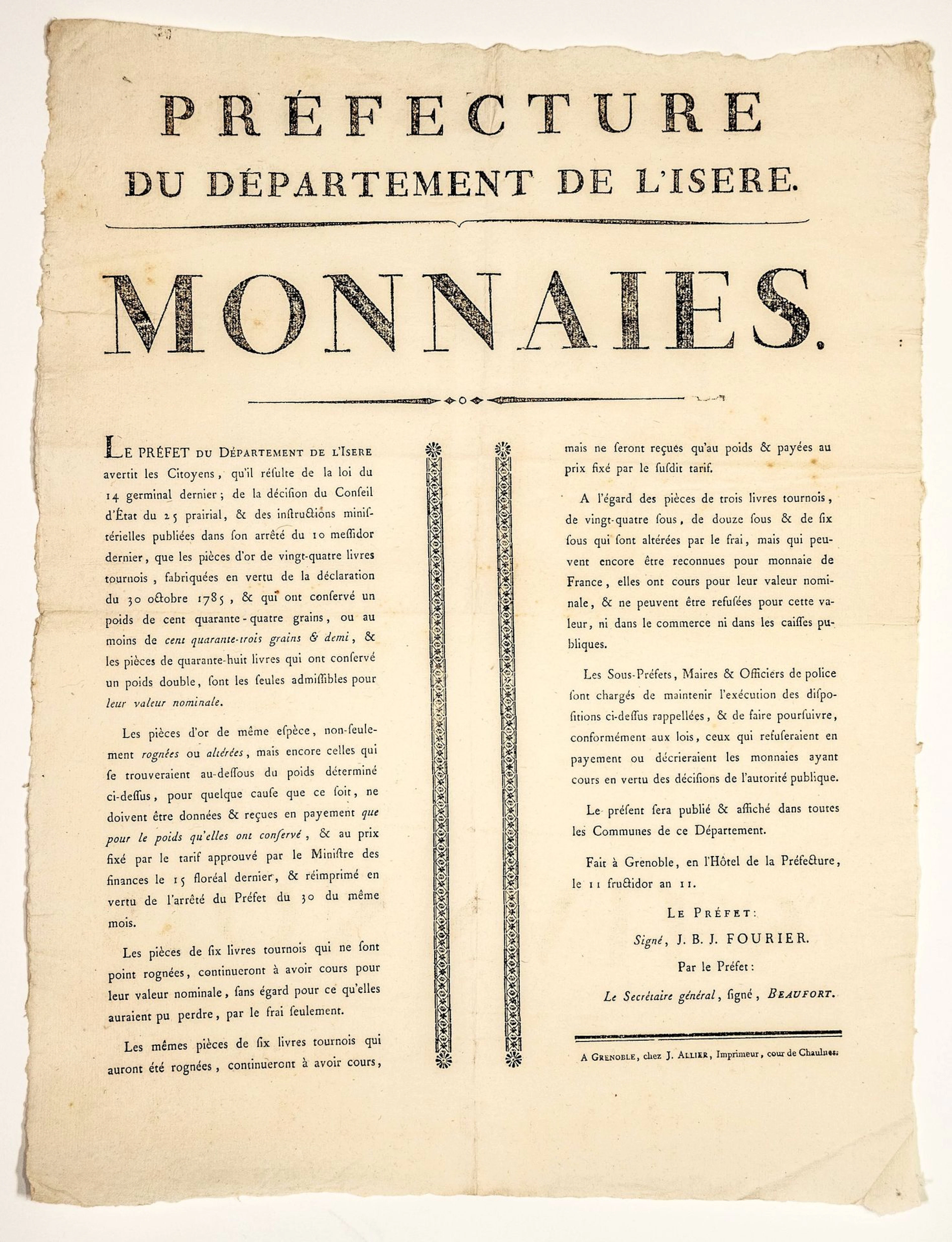 GOLD COINS. Notice by FOURIER, Prefect of ISÈRE, Issued in G - Lot 338