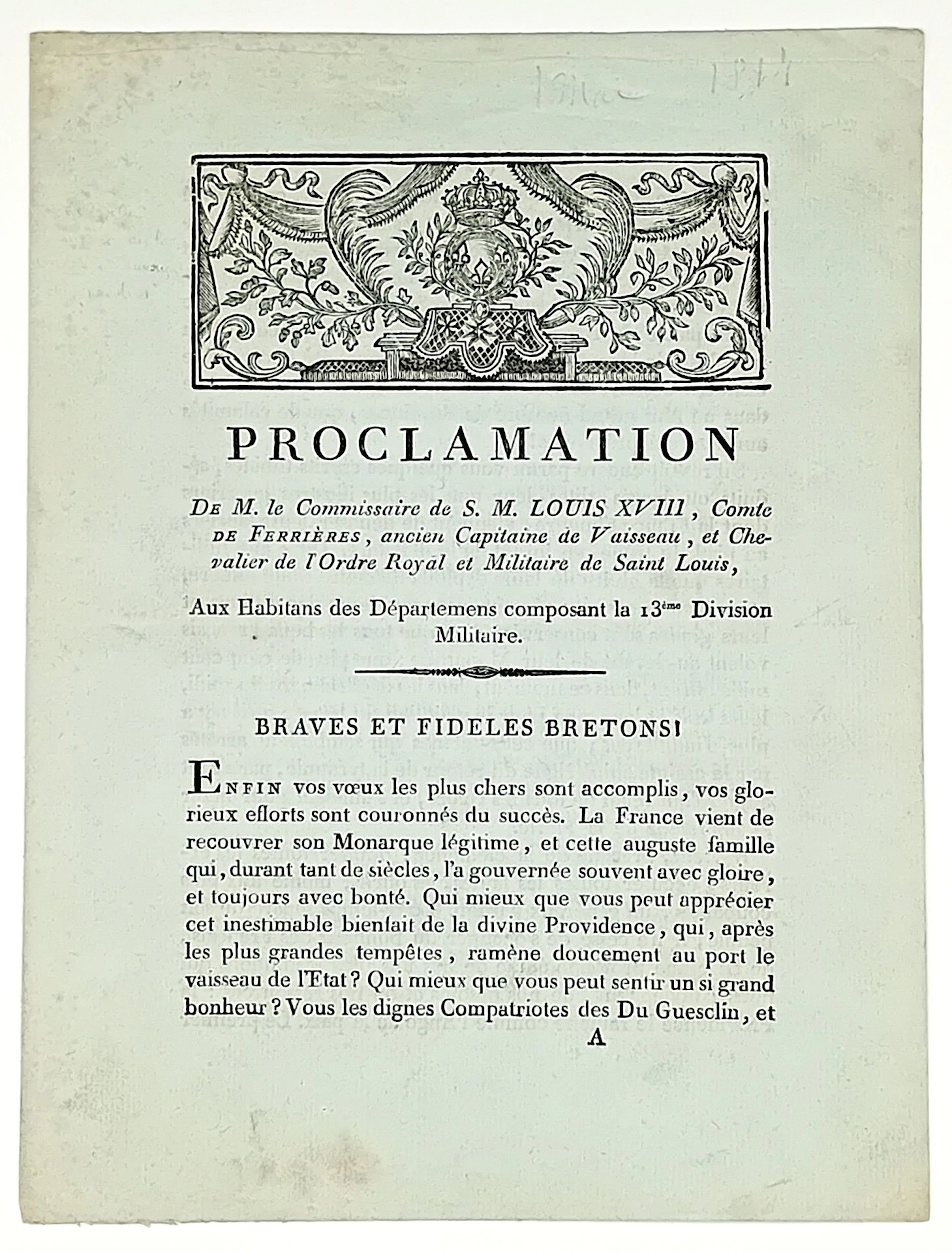 BRITTANY. RETURN OF LOUIS XVIII. “Proclamation by His Majest - Lot 532