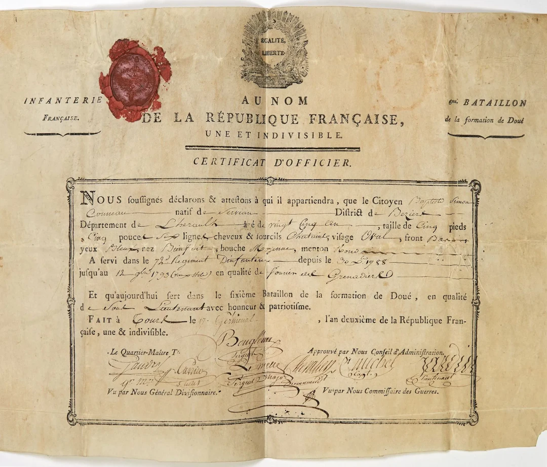 OFFICER'S CERTIFICATE for the 6th Battalion of the DOUÉ unit - Lot 235