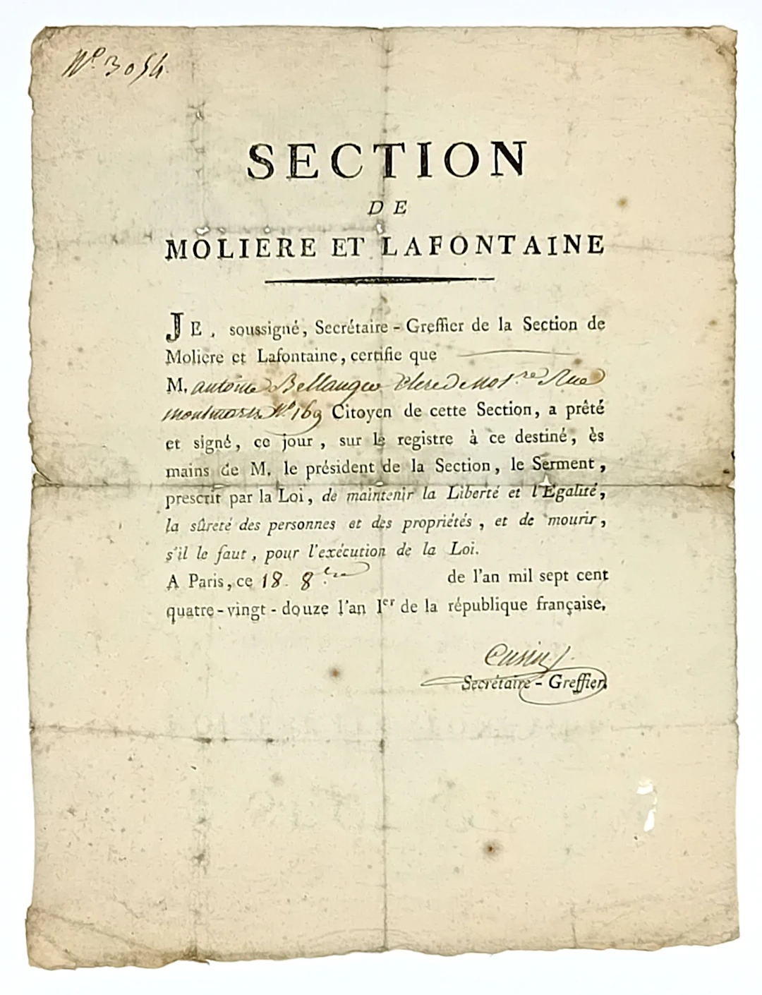 PARIS 1792. "SECTION DE MOLIÈRE ET LA FONTAINE" (Printed let - Lot 211
