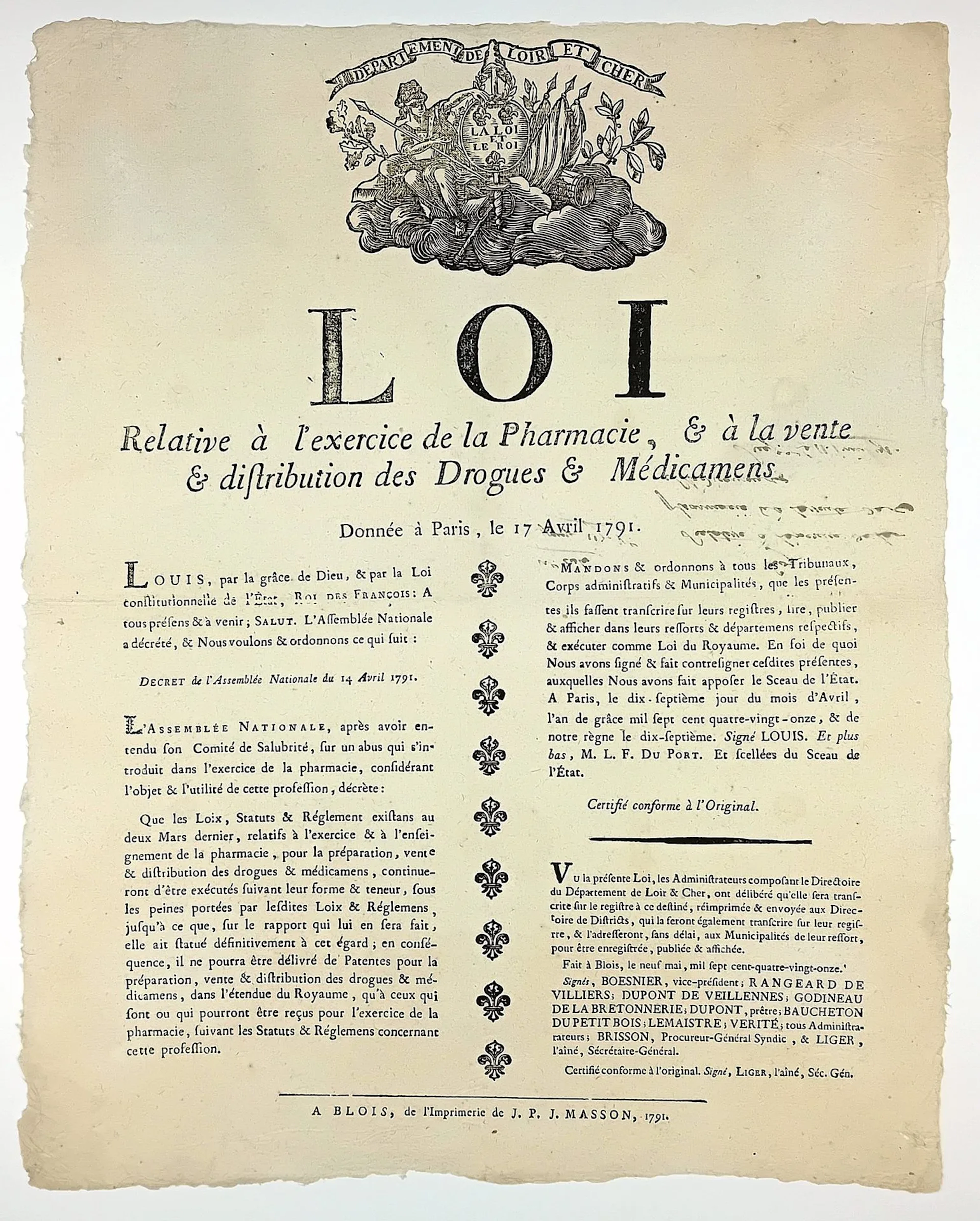 1791. LOIR-ET-CHER. PHARMACY - "Loi relative à l'exercice de - Lot 148