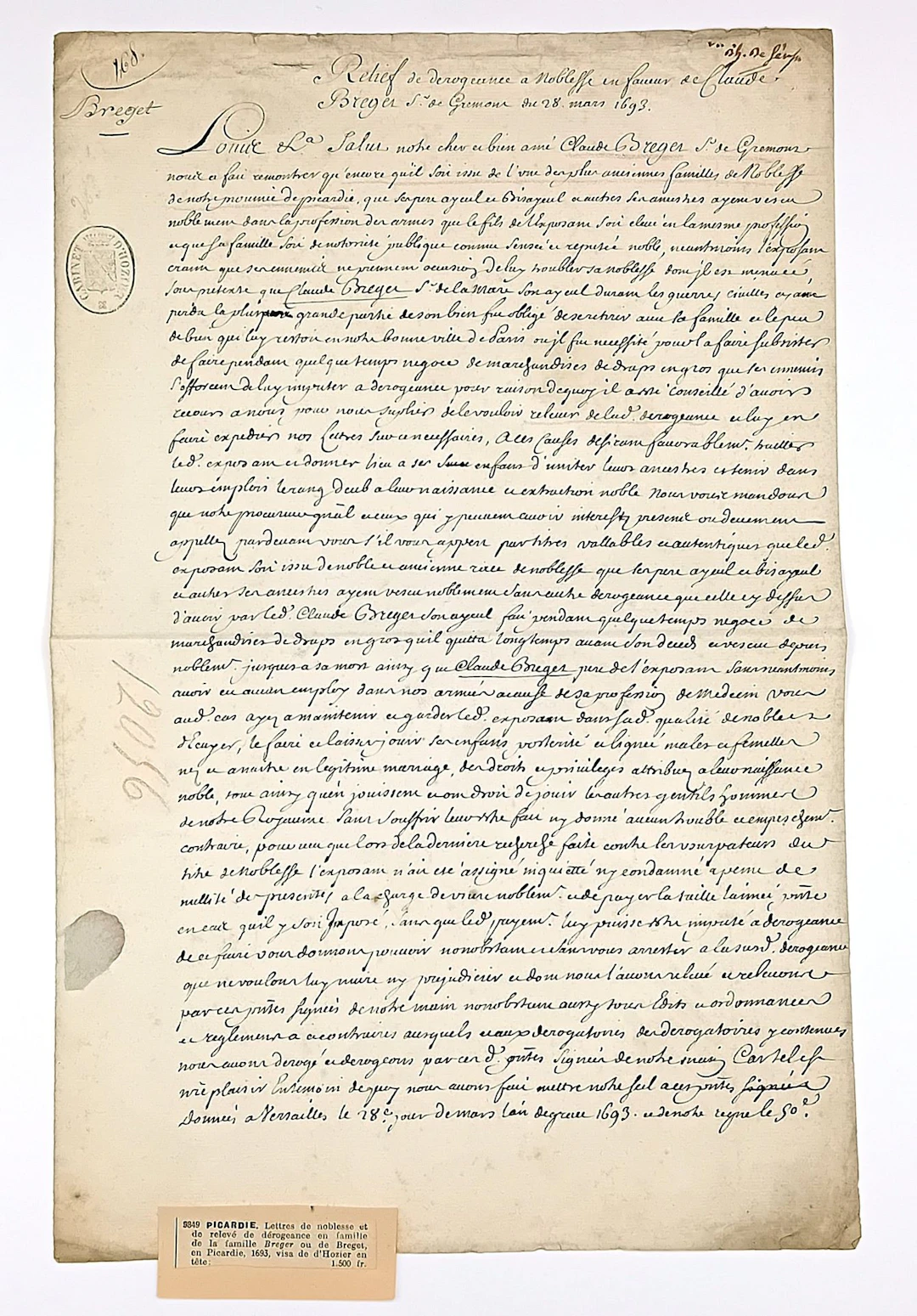 PICARDIE. Lettres de Noblesse et de relevé de dérogeance en - Lot 33