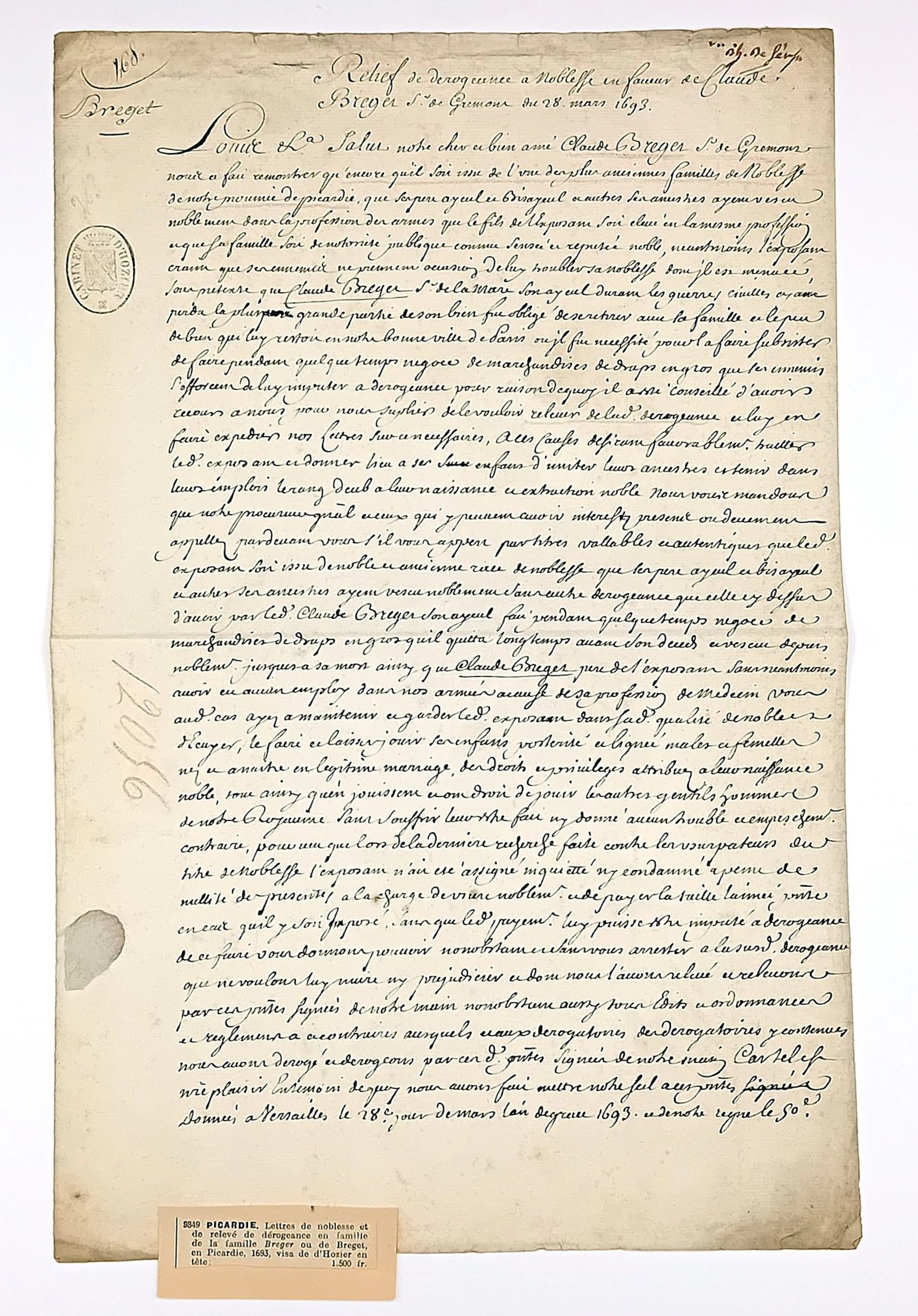 PICARDIE. Lettres de Noblesse et de relevé de dérogeance en - Lot 33